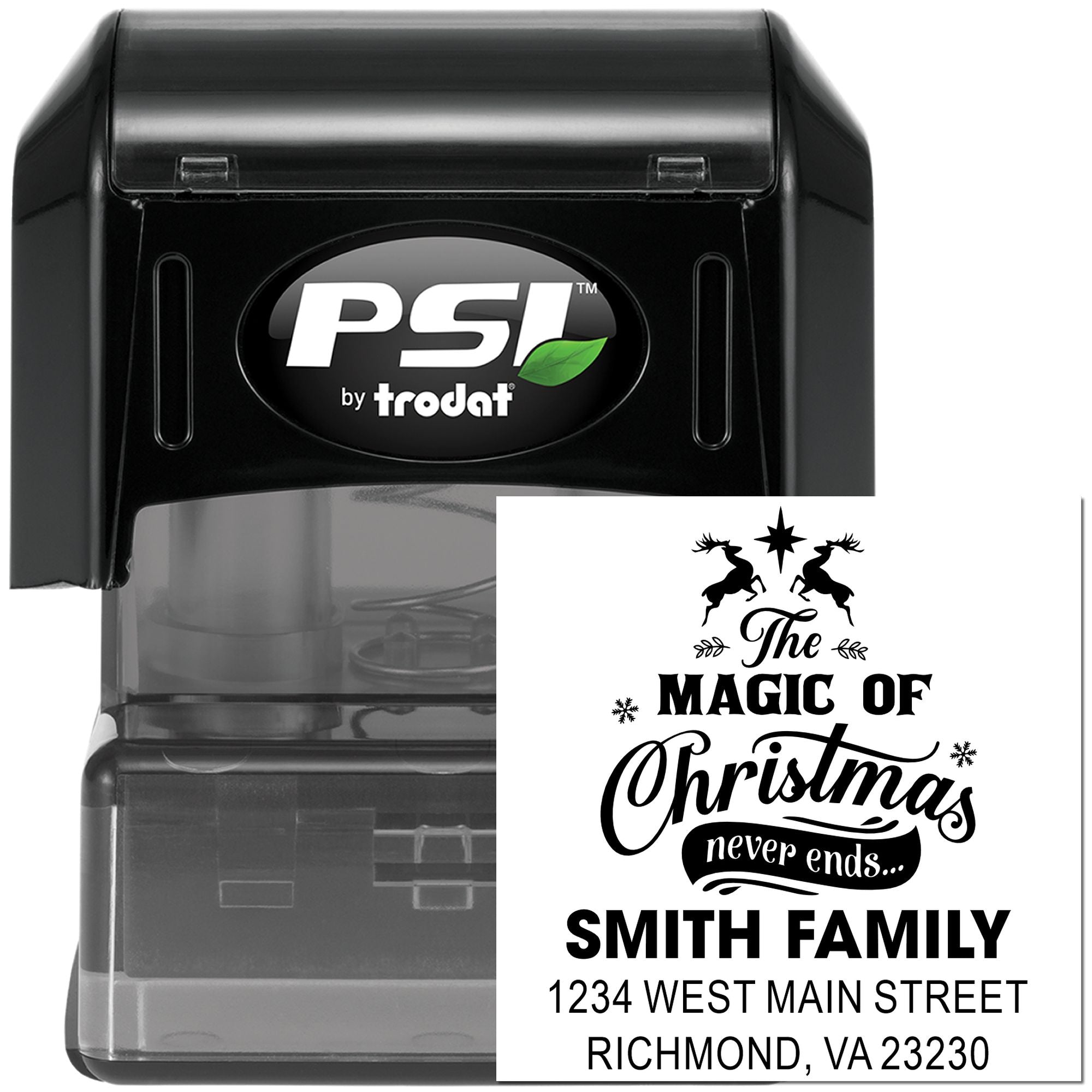 Self-inking custom Christmas return address rubber stamp by PSI/Trodat, featuring family name and holiday greeting.