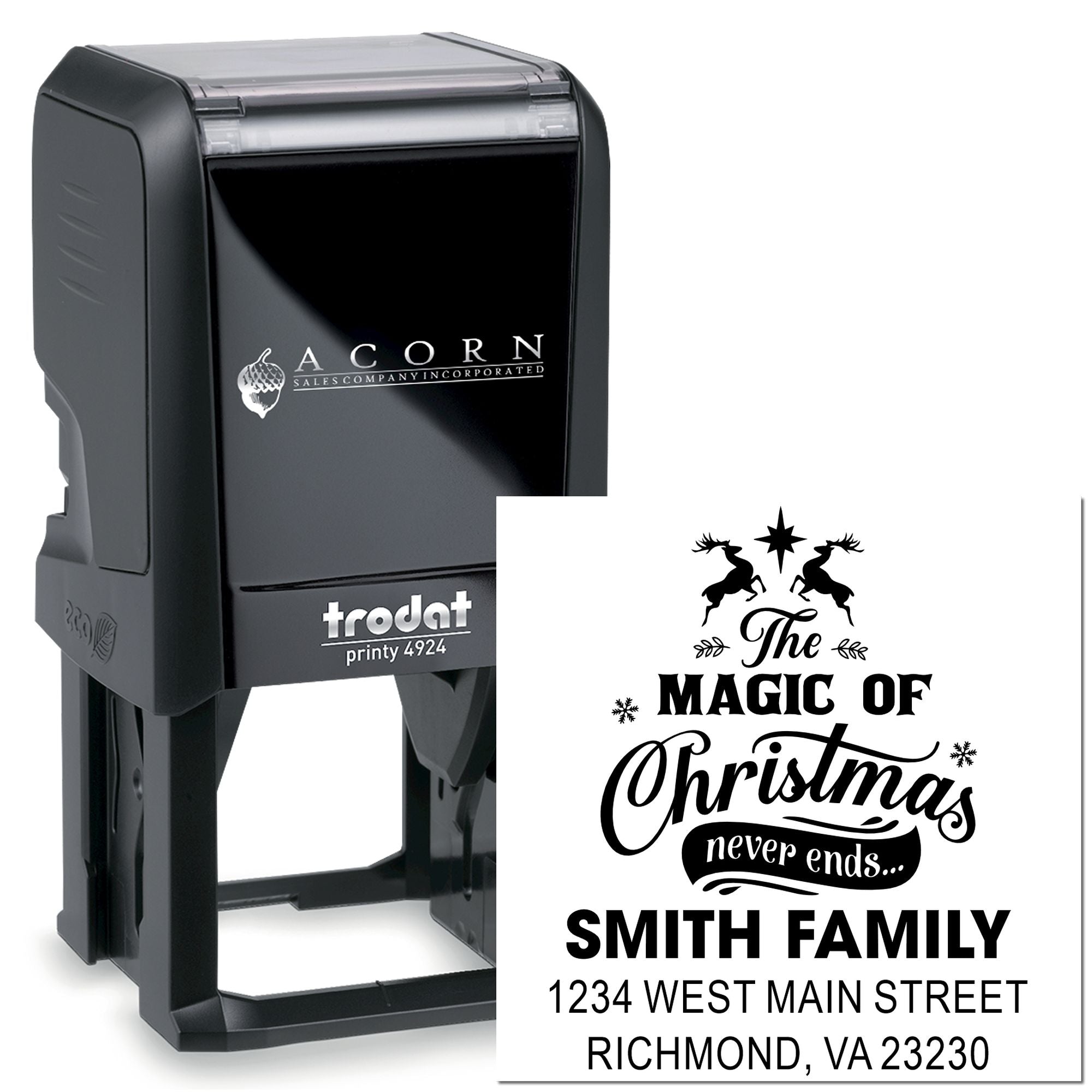 Custom self-inking rubber stamp with Christmas return address design for Smith Family holiday cards and mailings.