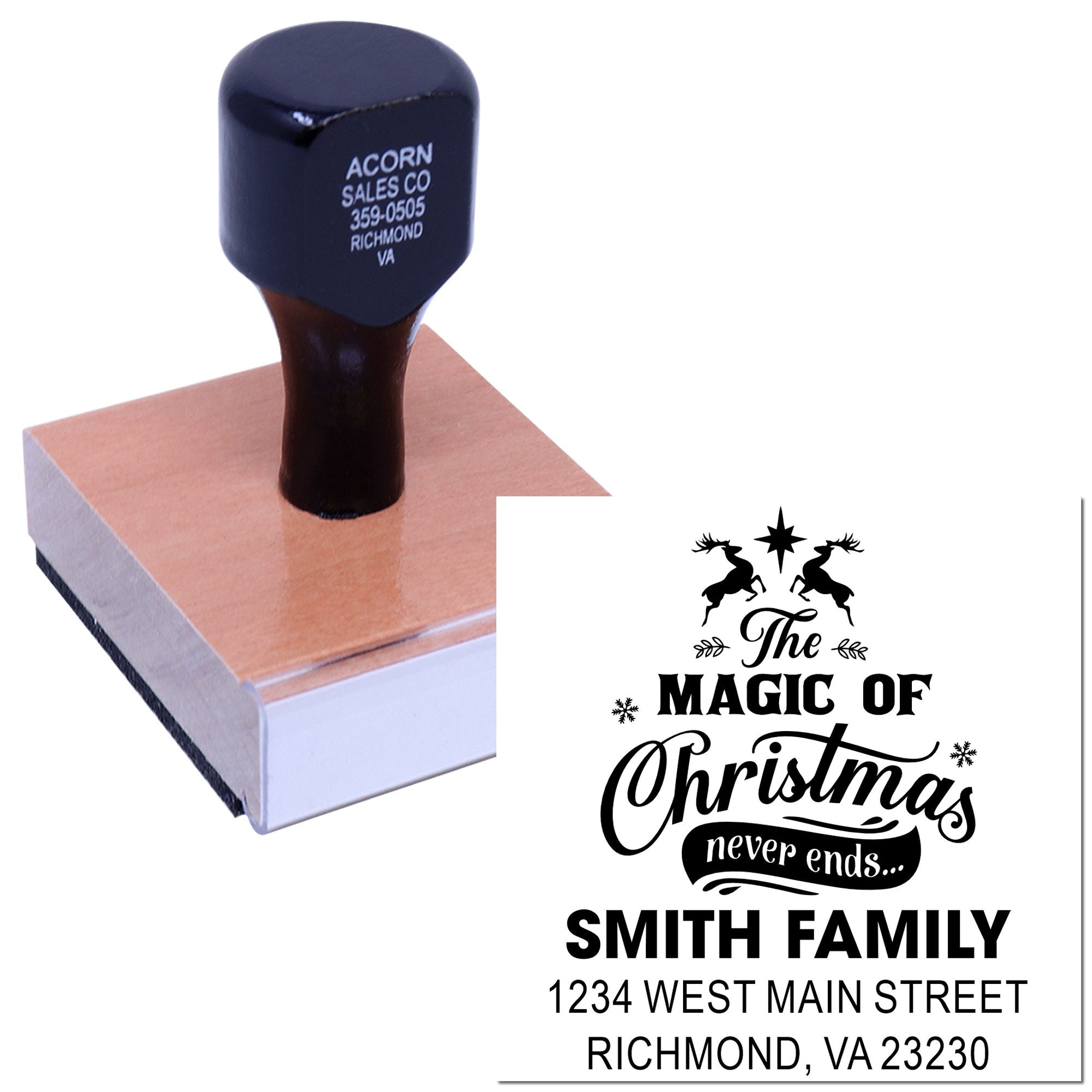 Custom Christmas address rubber stamp with The Magic of Christmas never ends and Smith family return address.