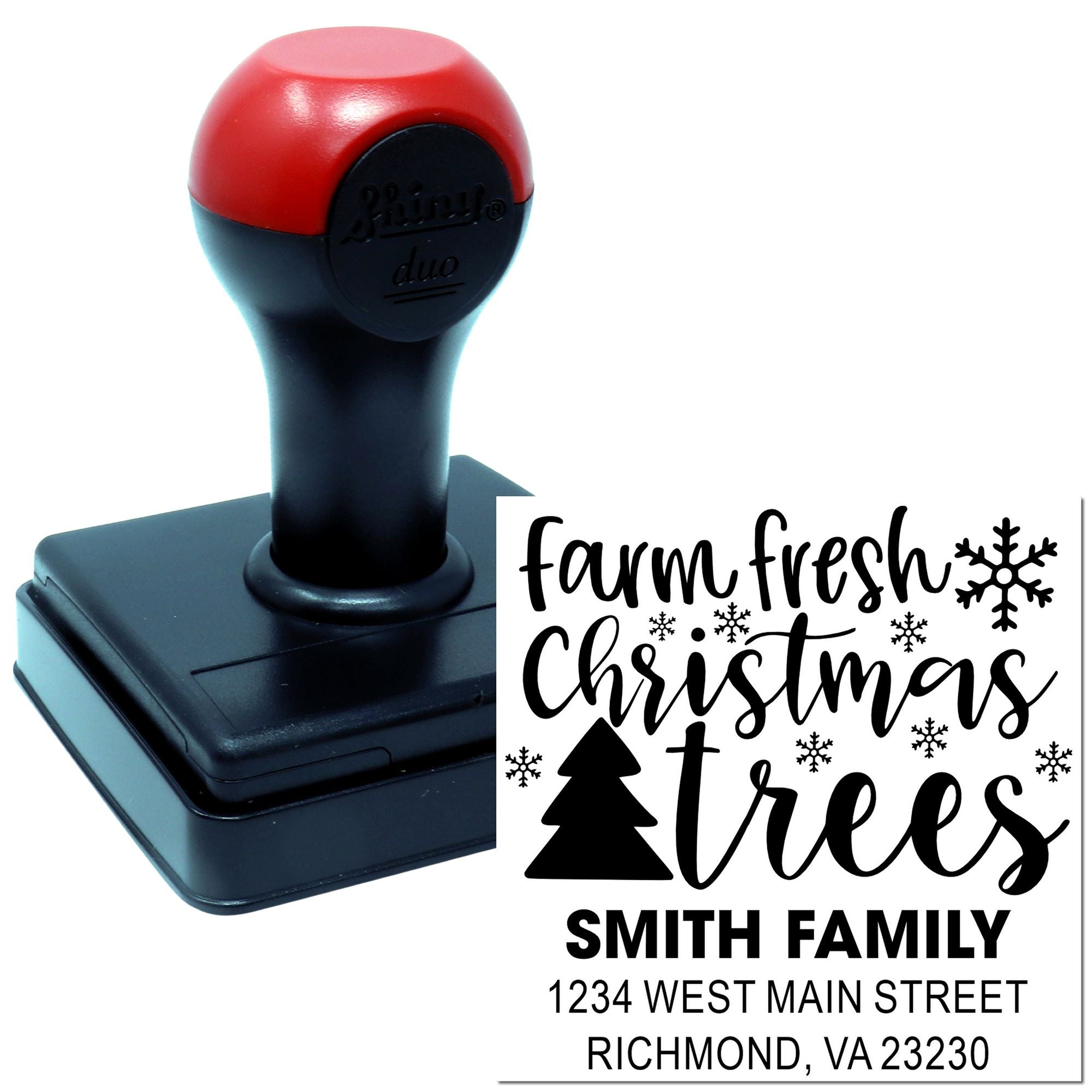 Custom self-inking rubber stamp for holiday mailings, featuring Farm Fresh Christmas Trees and a family address.