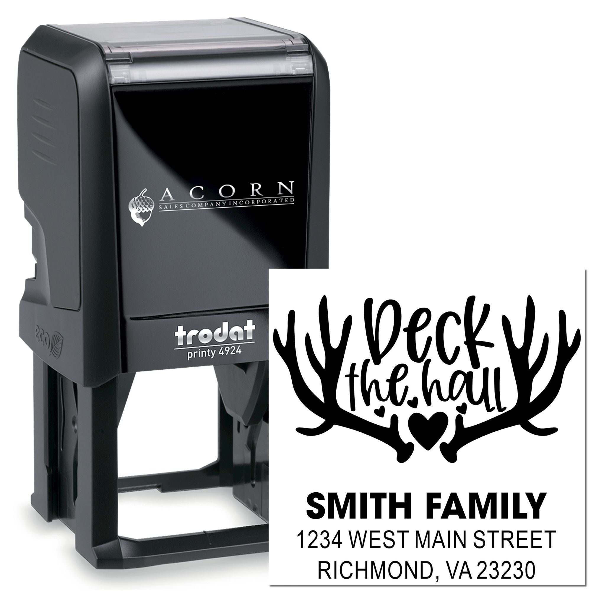 Custom self-inking rubber stamp with Deck the Hall antler design and Smith family address for holiday mailings.
