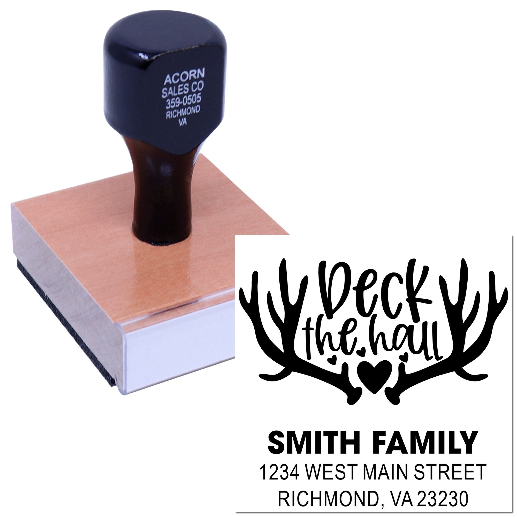 Custom rubber address stamp with deer-themed holiday design for Smith family at 1234 West Main Street, Richmond, VA 23230