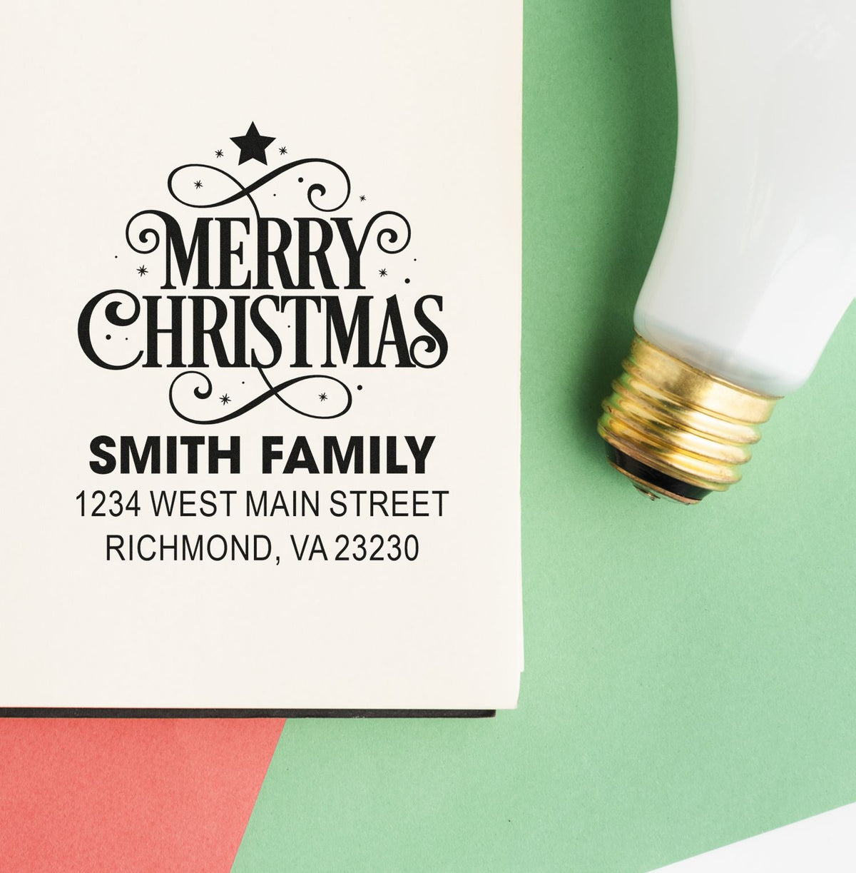 Personalized Christmas rubber stamp for the Smith family with return address, perfect for holiday cards and festive mailings.