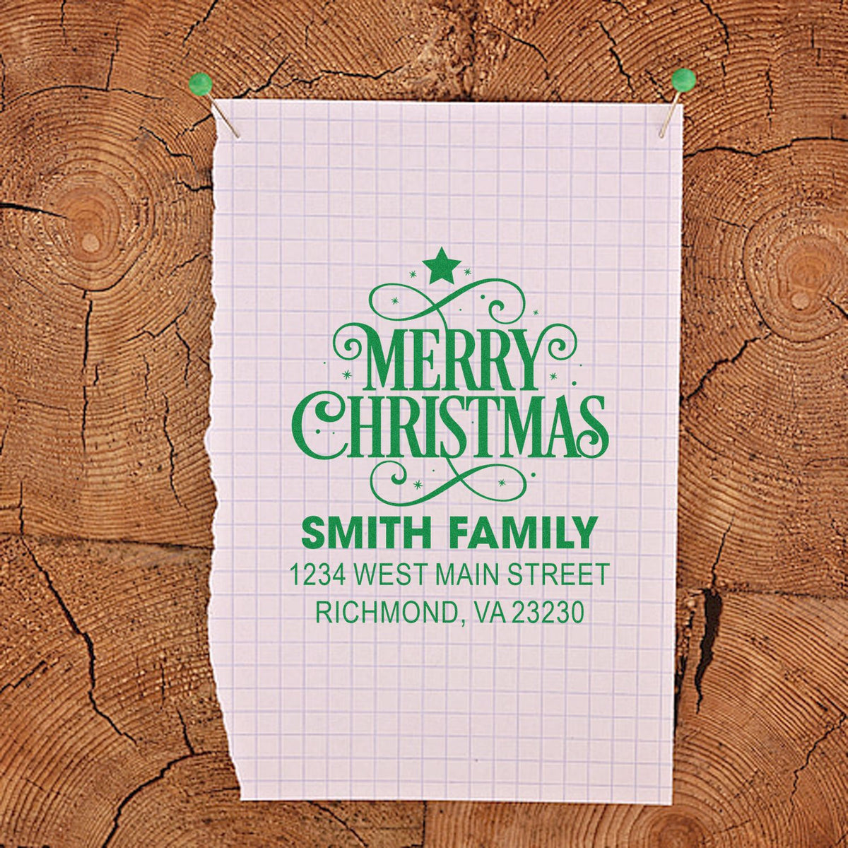 Custom Merry Christmas rubber stamp with Smith Family return address for holiday cards and stationery.