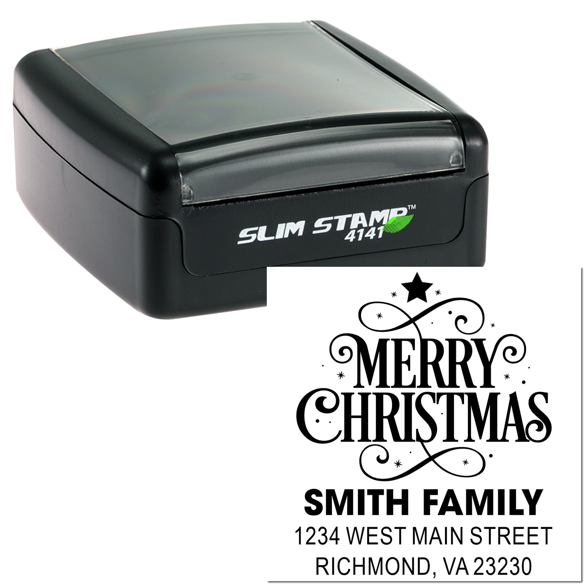 Slim Stamp 4141 self-inking custom Merry Christmas address stamp with Smith Family name and Richmond, VA return address.