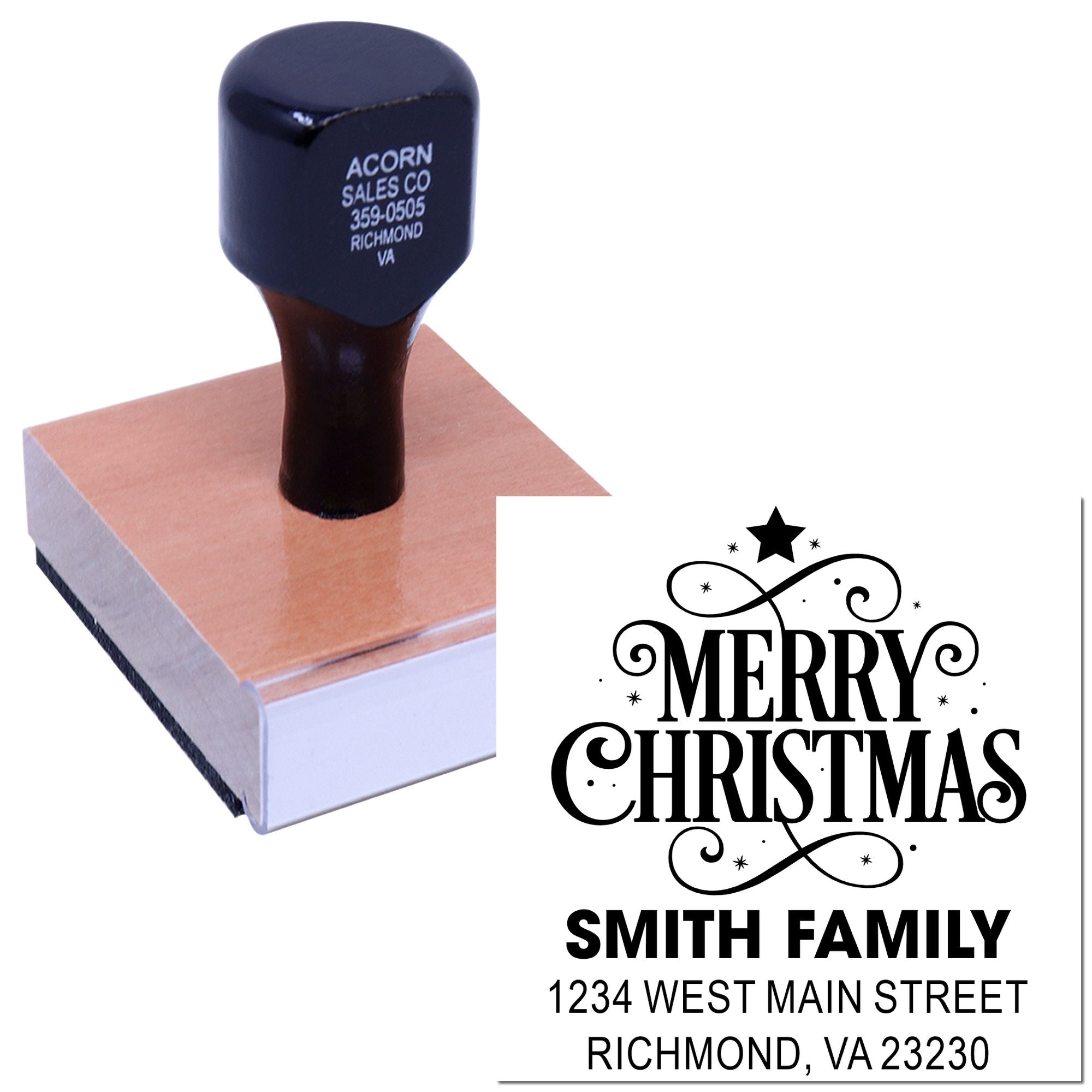 Personalized Merry Christmas return address rubber stamp for Smith family, featuring festive holiday design and Richmond, VA address.