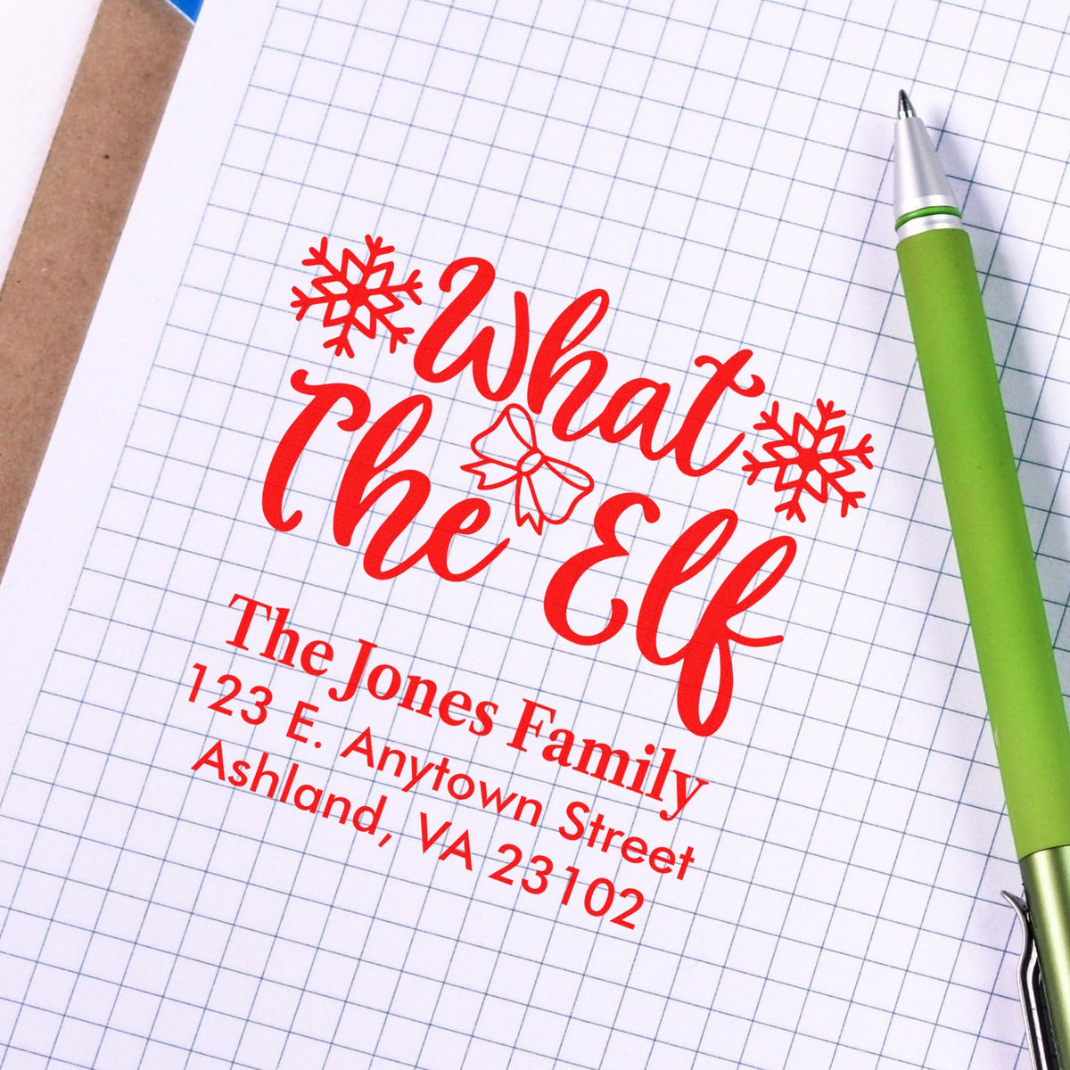 Custom holiday rubber stamp with What the Elf return address design for festive envelopes and Christmas cards.