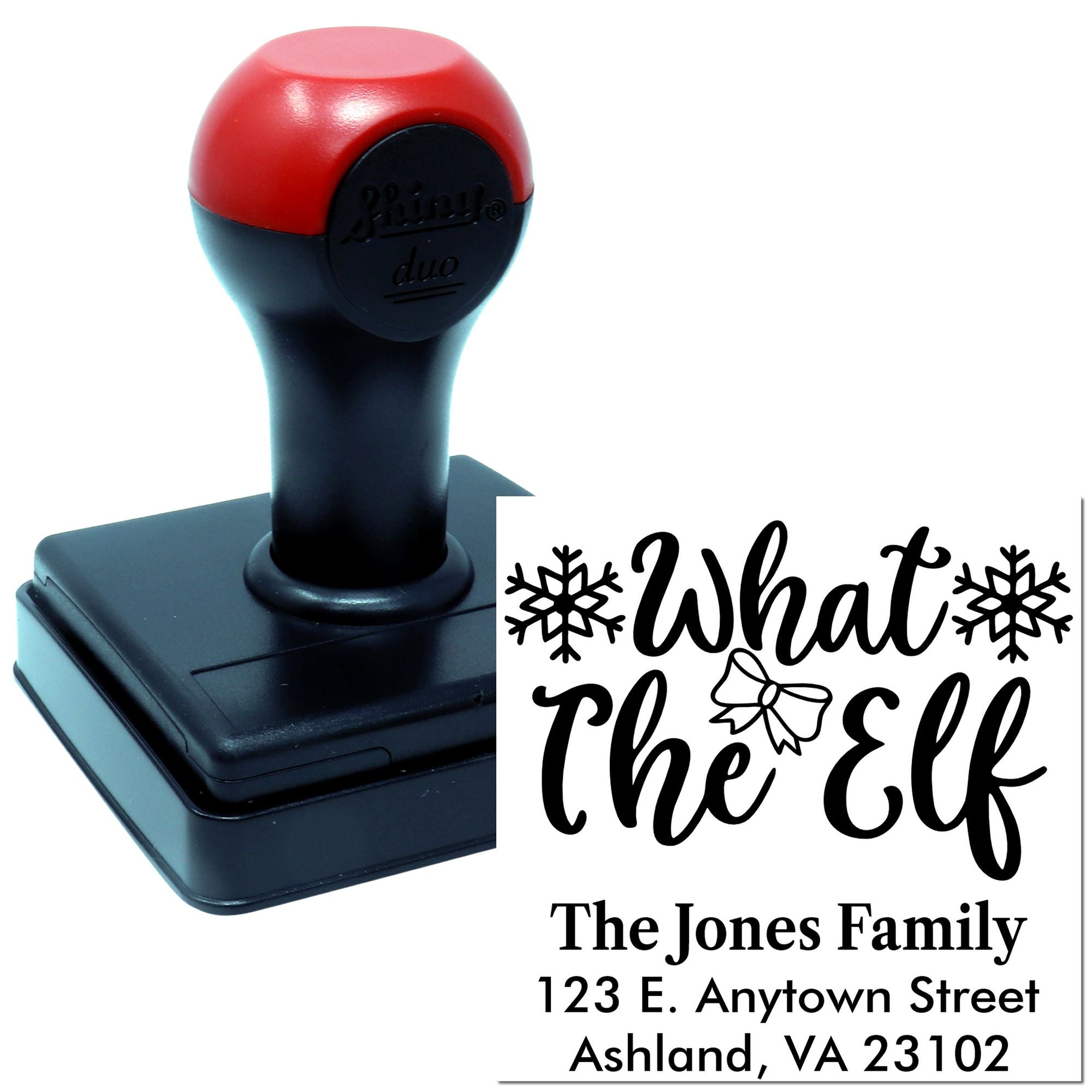 Custom holiday address rubber stamp with What the Elf family return address design and snowflake accents.