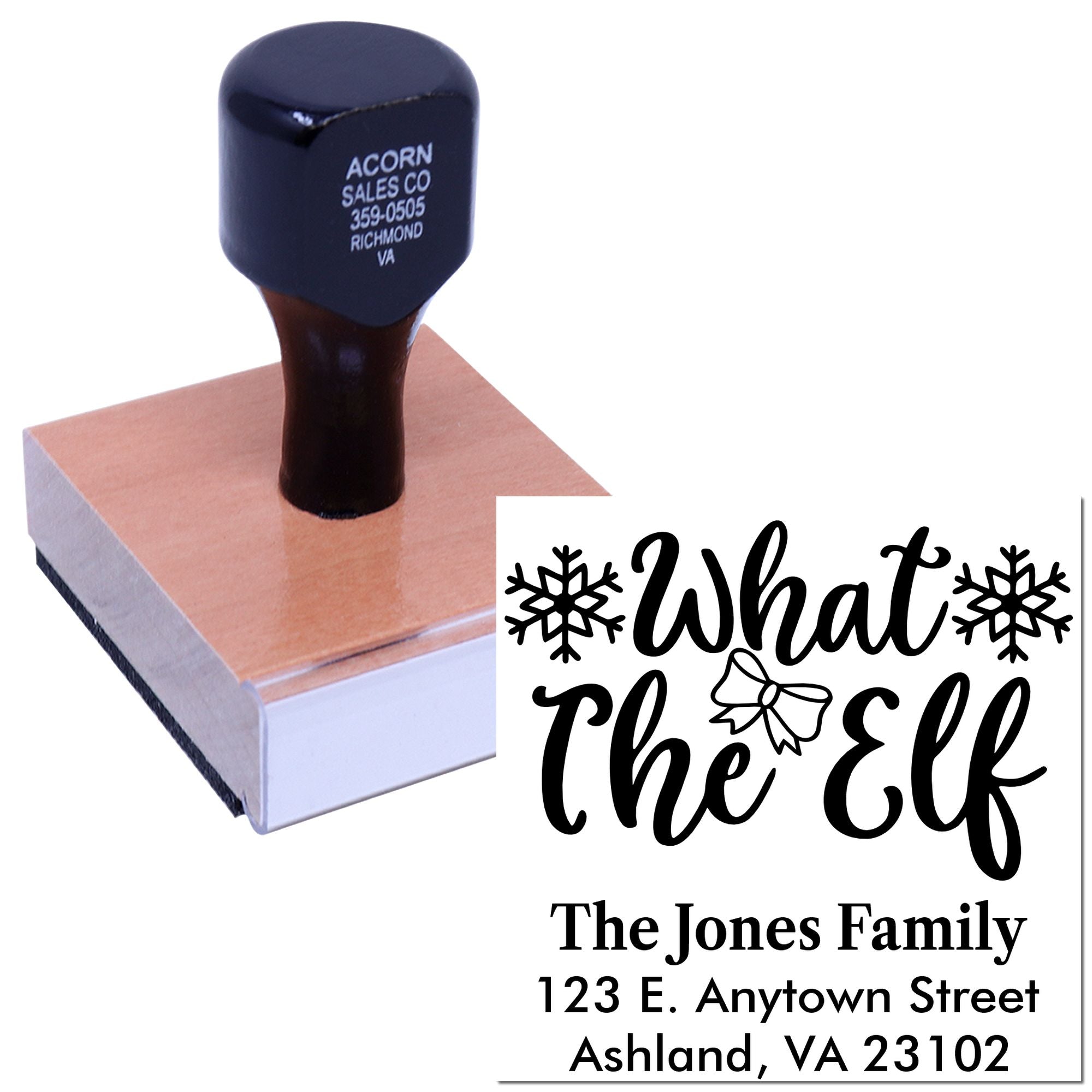 Custom Christmas return address rubber stamp with What The Elf family holiday design