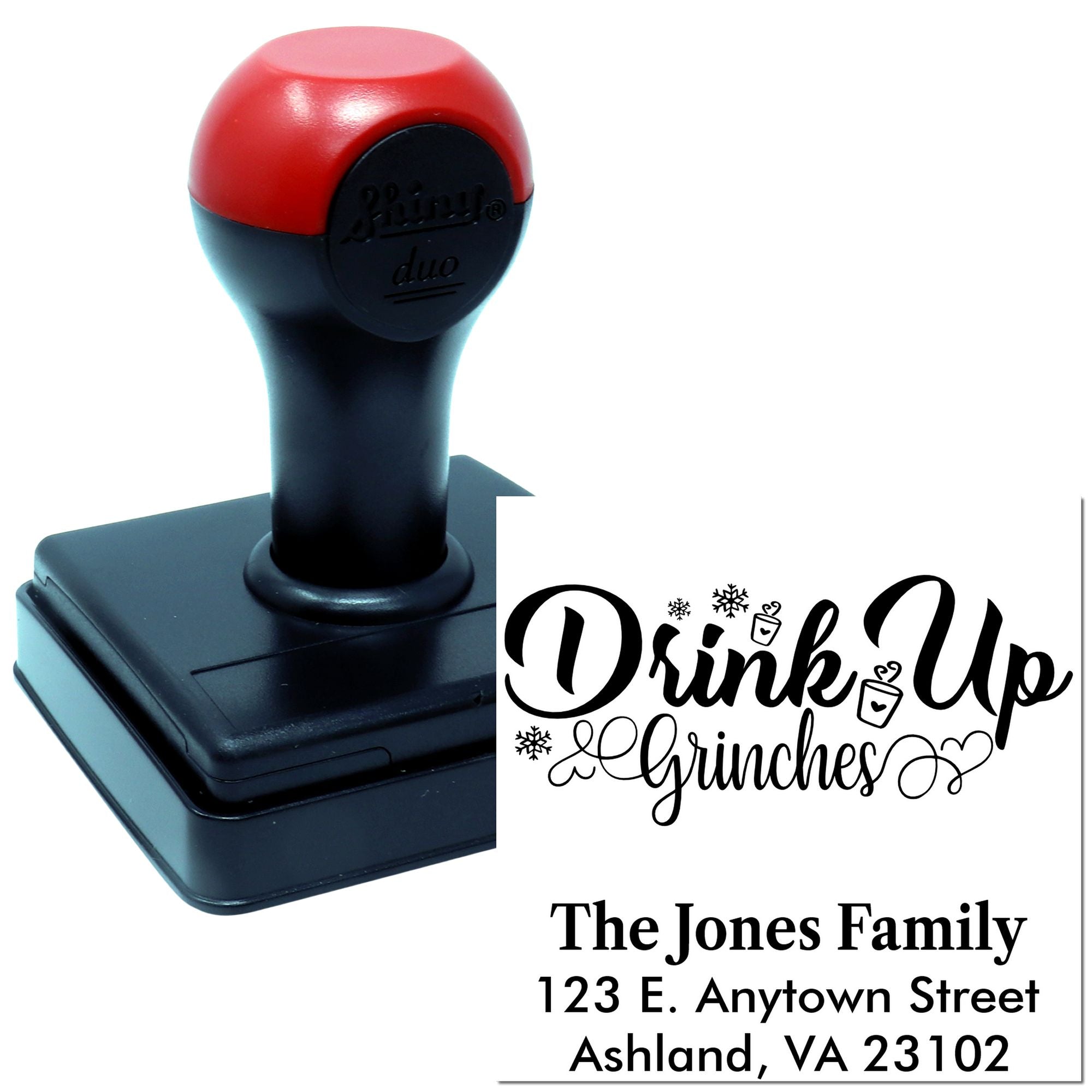 Custom self-inking rubber stamp with Drink Up Grinches design and return address, ideal for holiday cards and gift packaging.