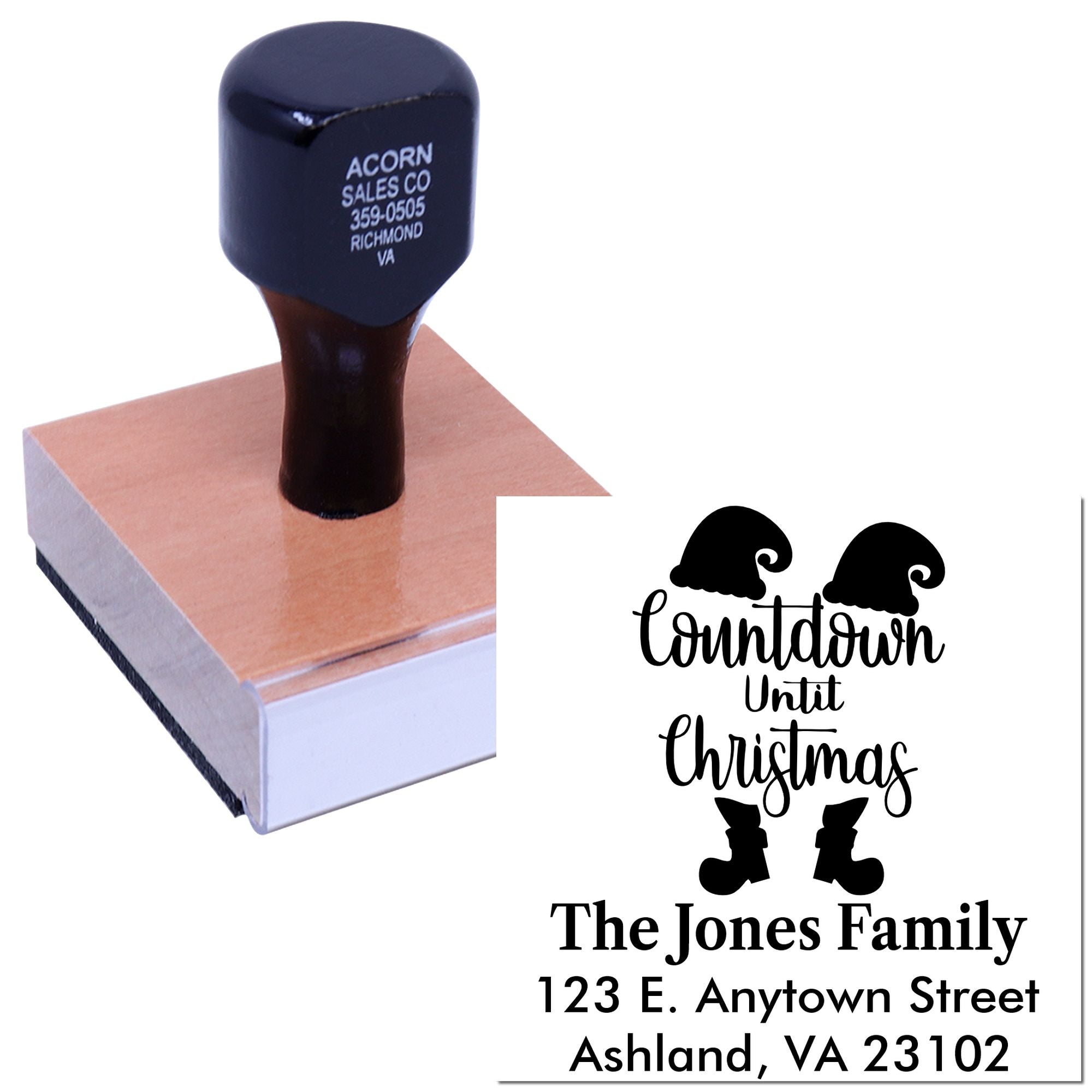 Custom Christmas countdown address rubber stamp with family name for holiday cards, gifts, and envelopes.