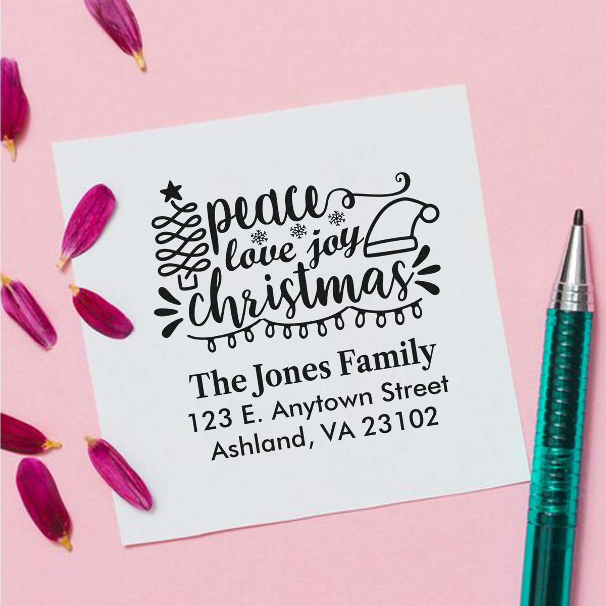 Personalized Christmas return address rubber stamp with peace, love, joy design for holiday cards and envelopes.