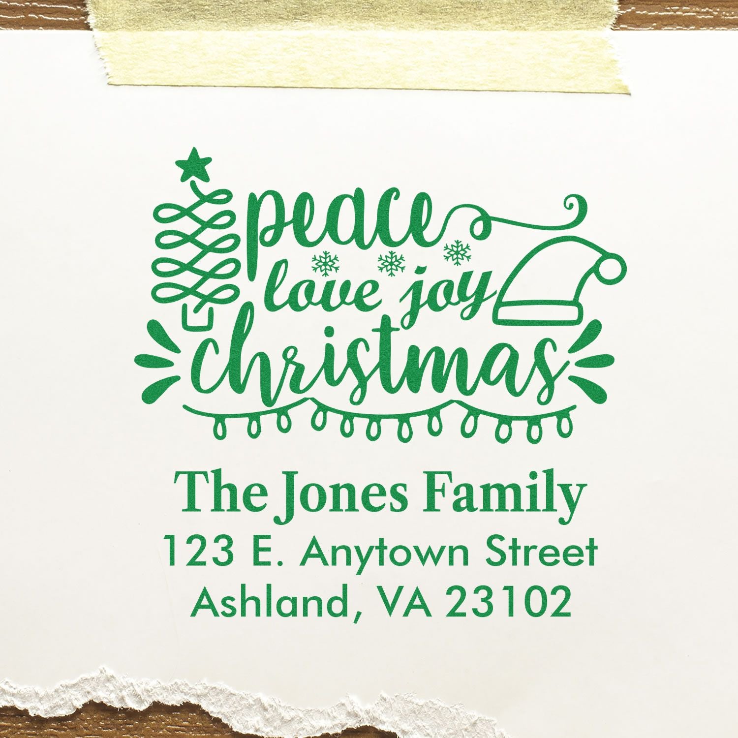 Personalized holiday address stamp with peace, love, joy Christmas design for custom return address on cards.