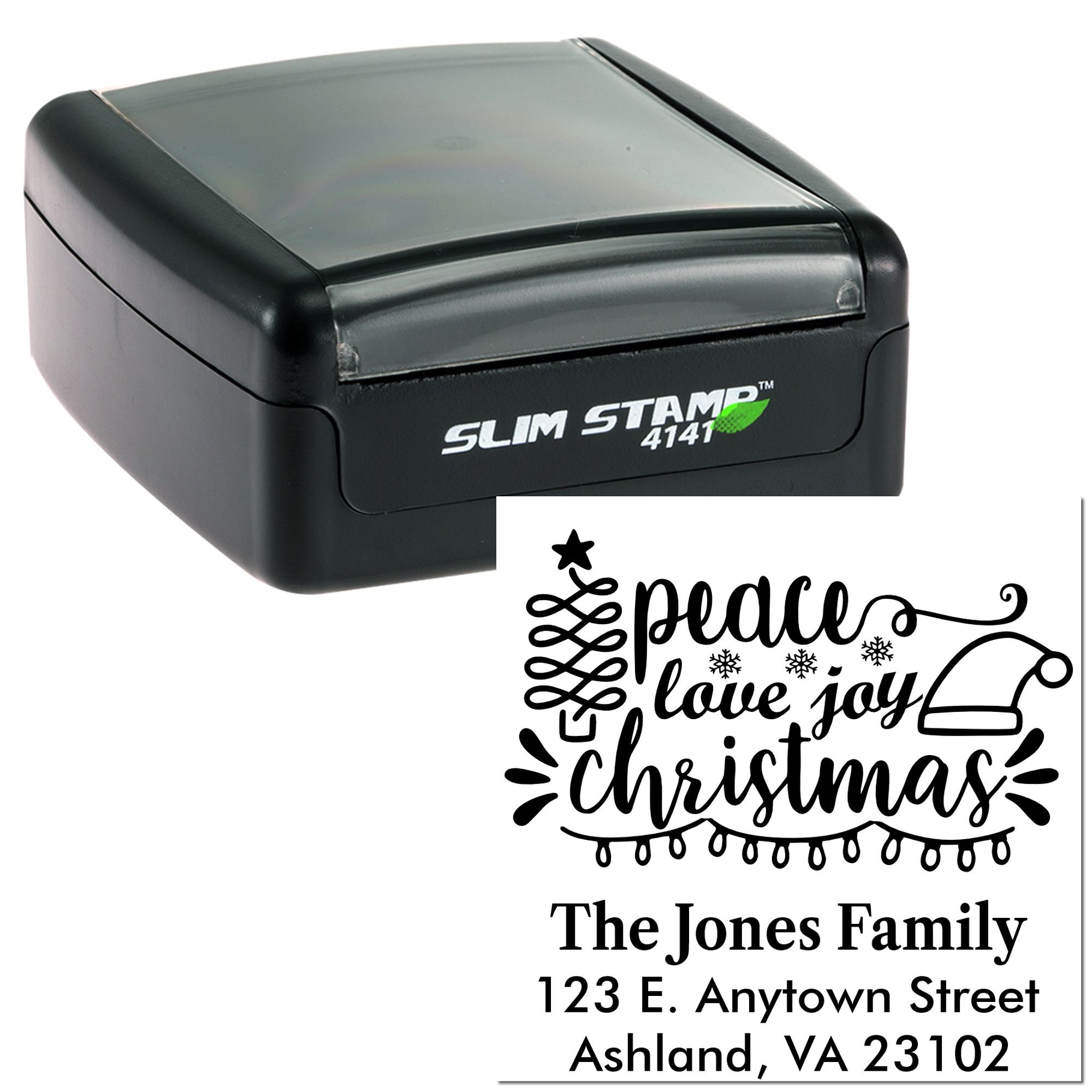 Custom self-inking rubber stamp with personalized Christmas return address design for holiday cards, envelopes, and gifts.