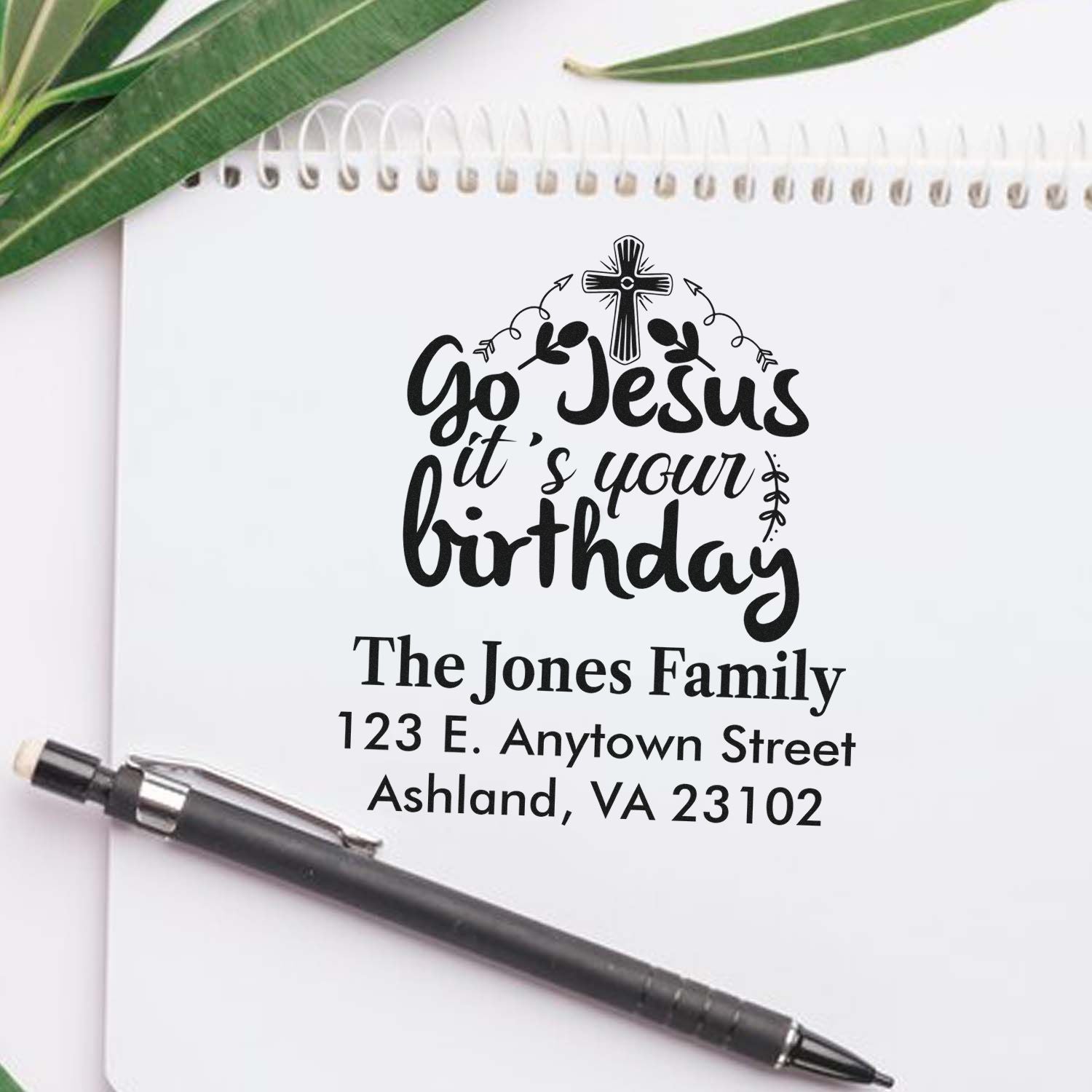 Custom Christian birthday rubber stamp with Go Jesus its your birthday design, family name, and return address.
