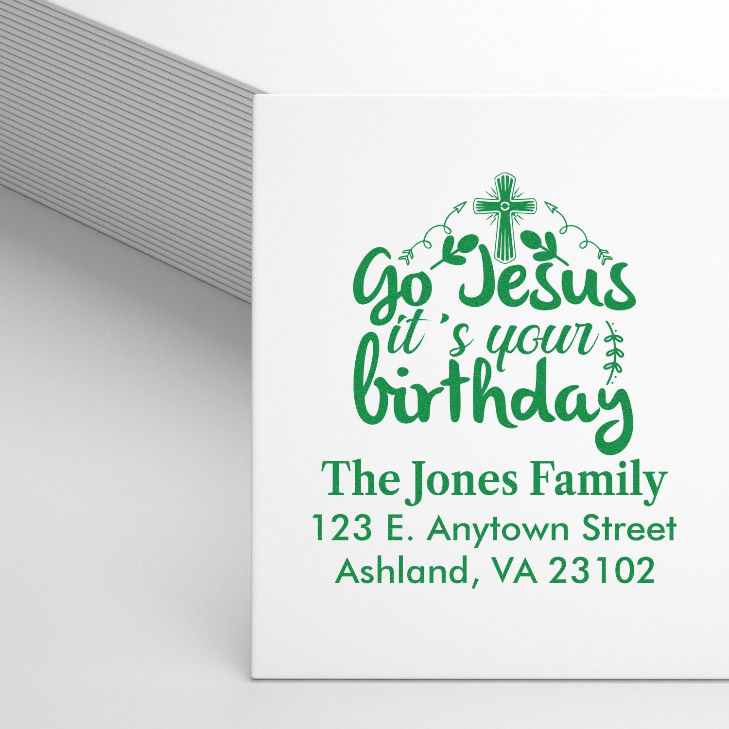 Personalized rubber stamp for faith-based birthday cards and envelopes, featuring Go Jesus its your birthday and a custom return address.
