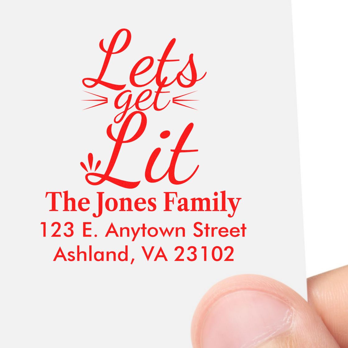 Custom rubber return address stamp for The Jones Family with Lets get Lit design and Ashland, VA address.