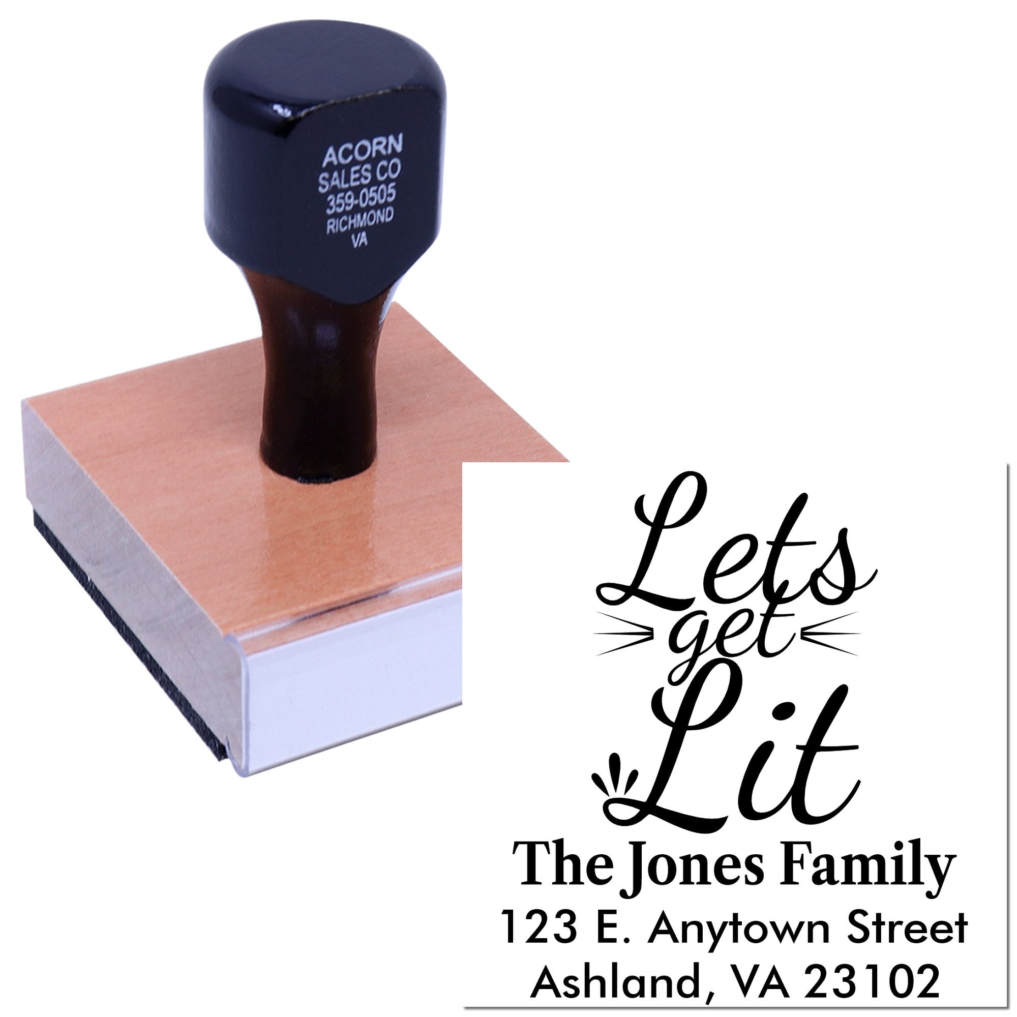 Personalized self-inking rubber stamp with family name and address, featuring Lets get lit design for mail or invitations.