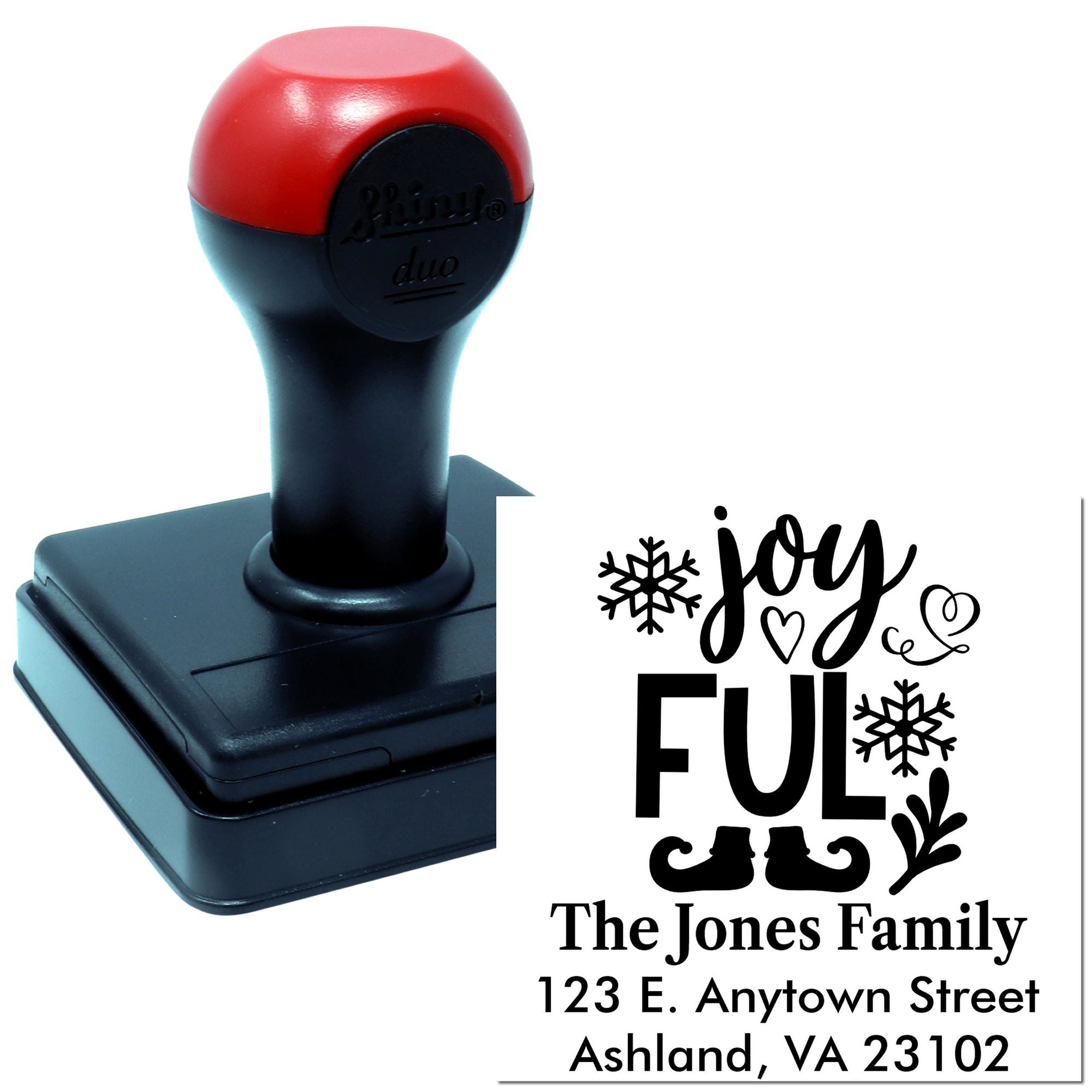 Custom self-inking holiday address rubber stamp with JOYFUL Christmas design for festive family mailings.