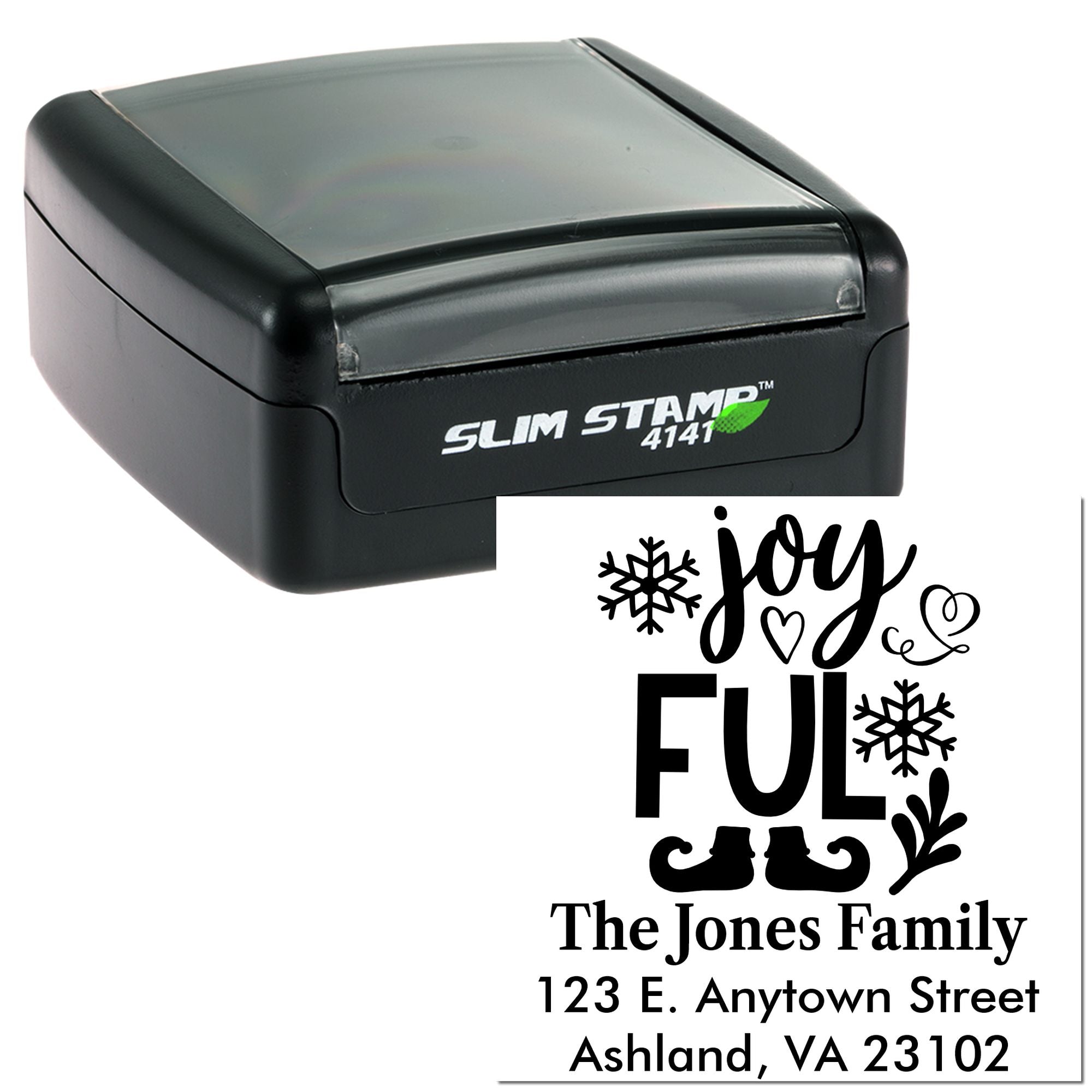 Custom holiday address rubber stamp with Slim Stamp case, featuring Joyful and Full design for The Jones Family return address.