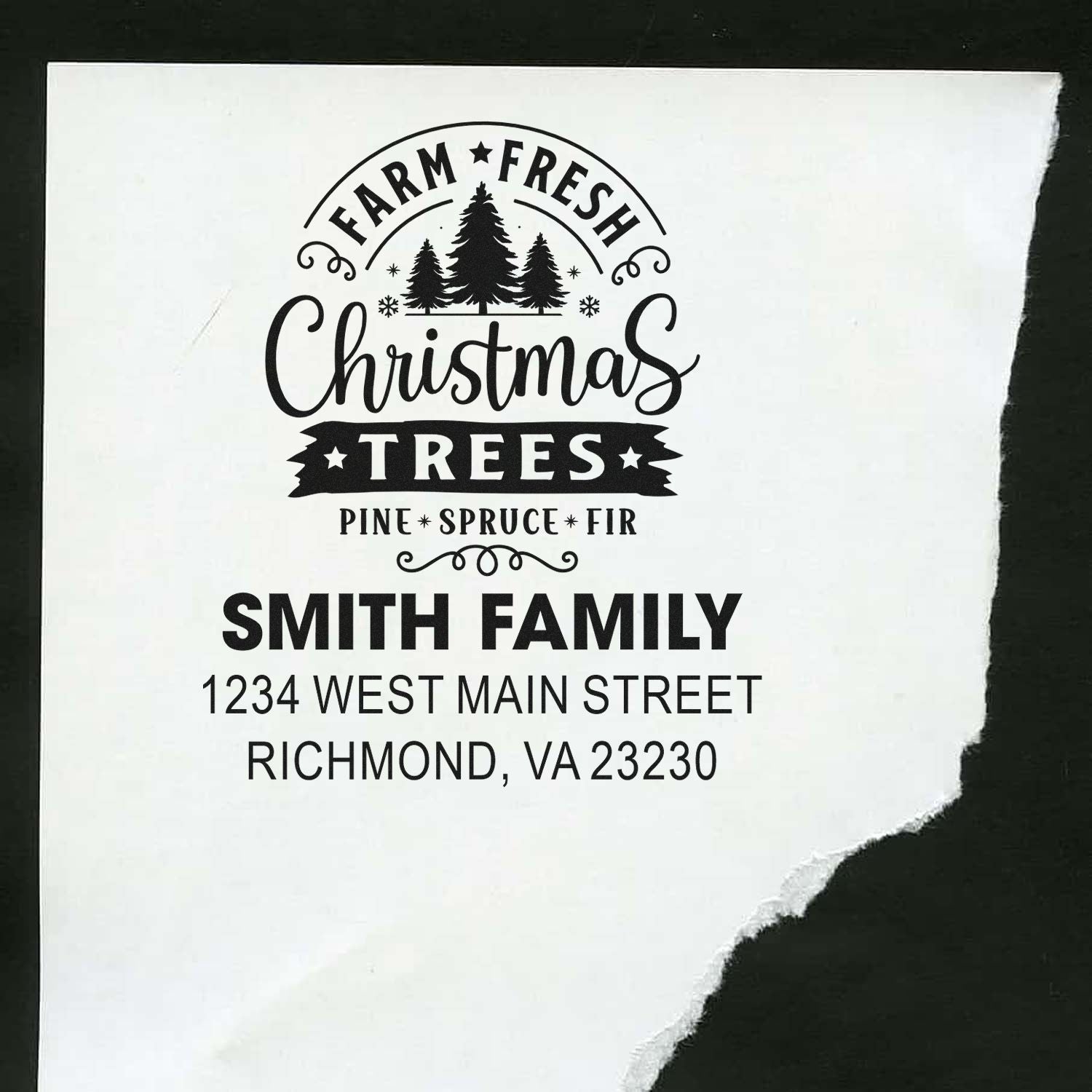 Custom Christmas tree farm return address rubber stamp for Smith Family, Richmond VA, with festive holiday design.