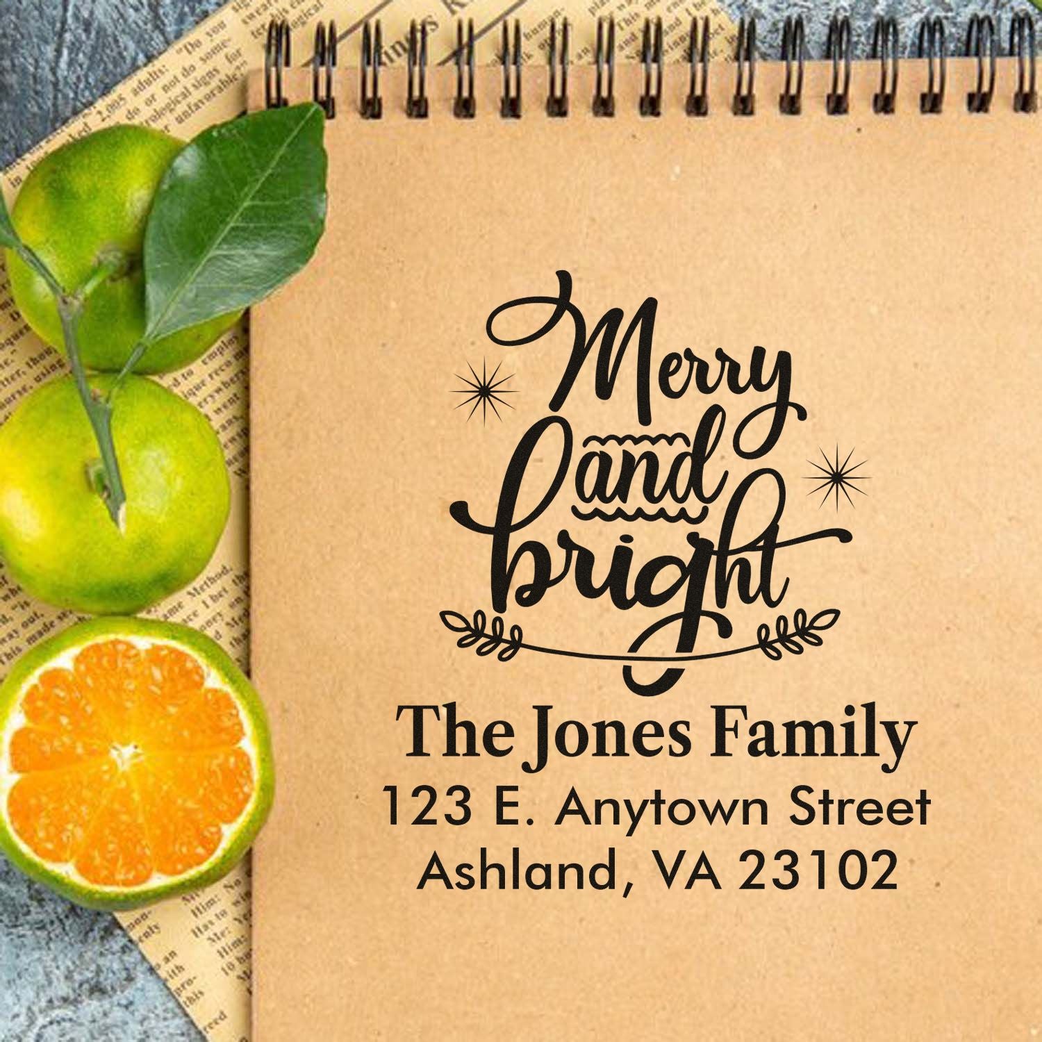 Custom Merry and Bright holiday address rubber stamp for The Jones Family Christmas cards