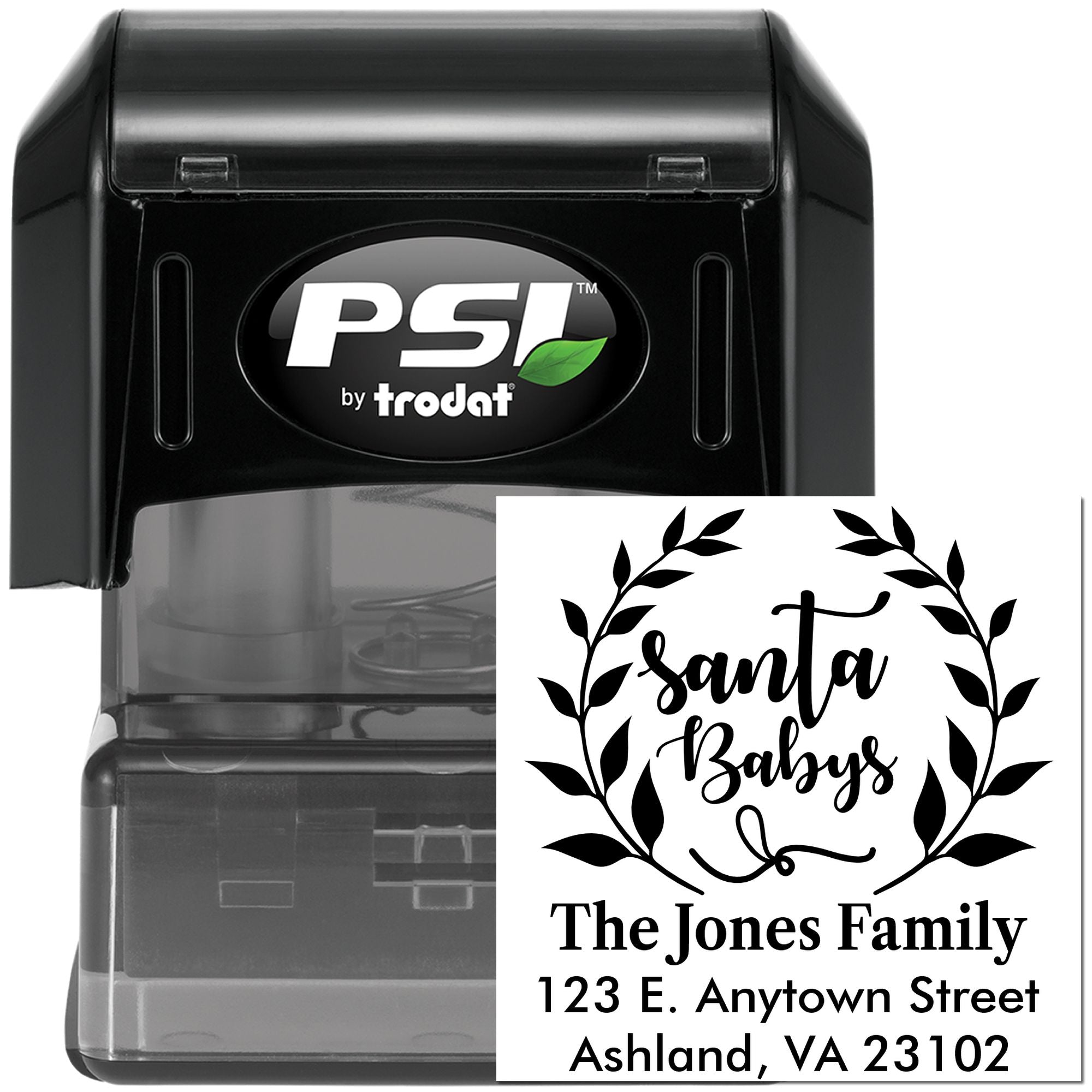 Custom self-inking return address rubber stamp for The Jones Family with Santa Babys wreath design