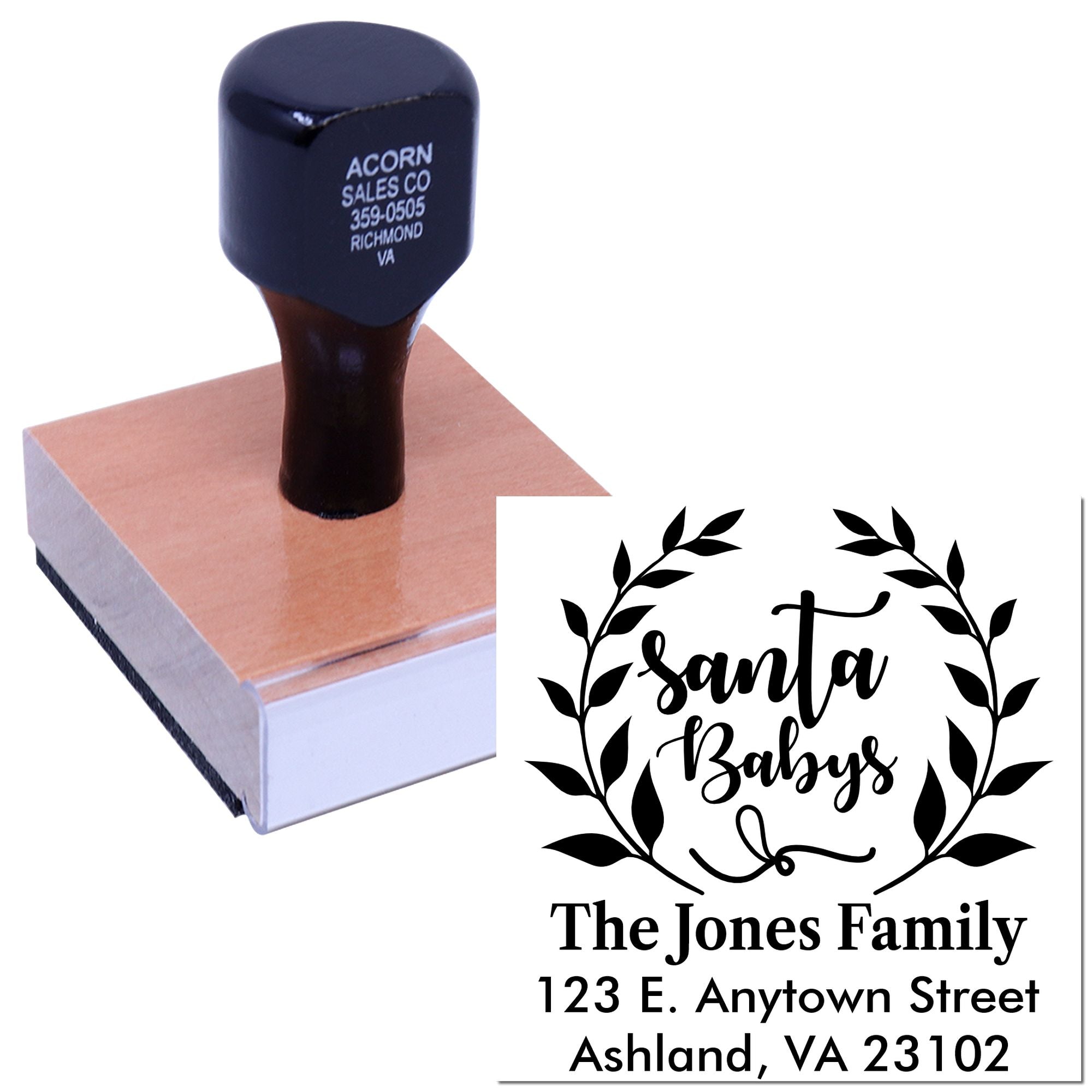 Custom family address rubber stamp with Santa Babies design for personalized holiday cards and mail.