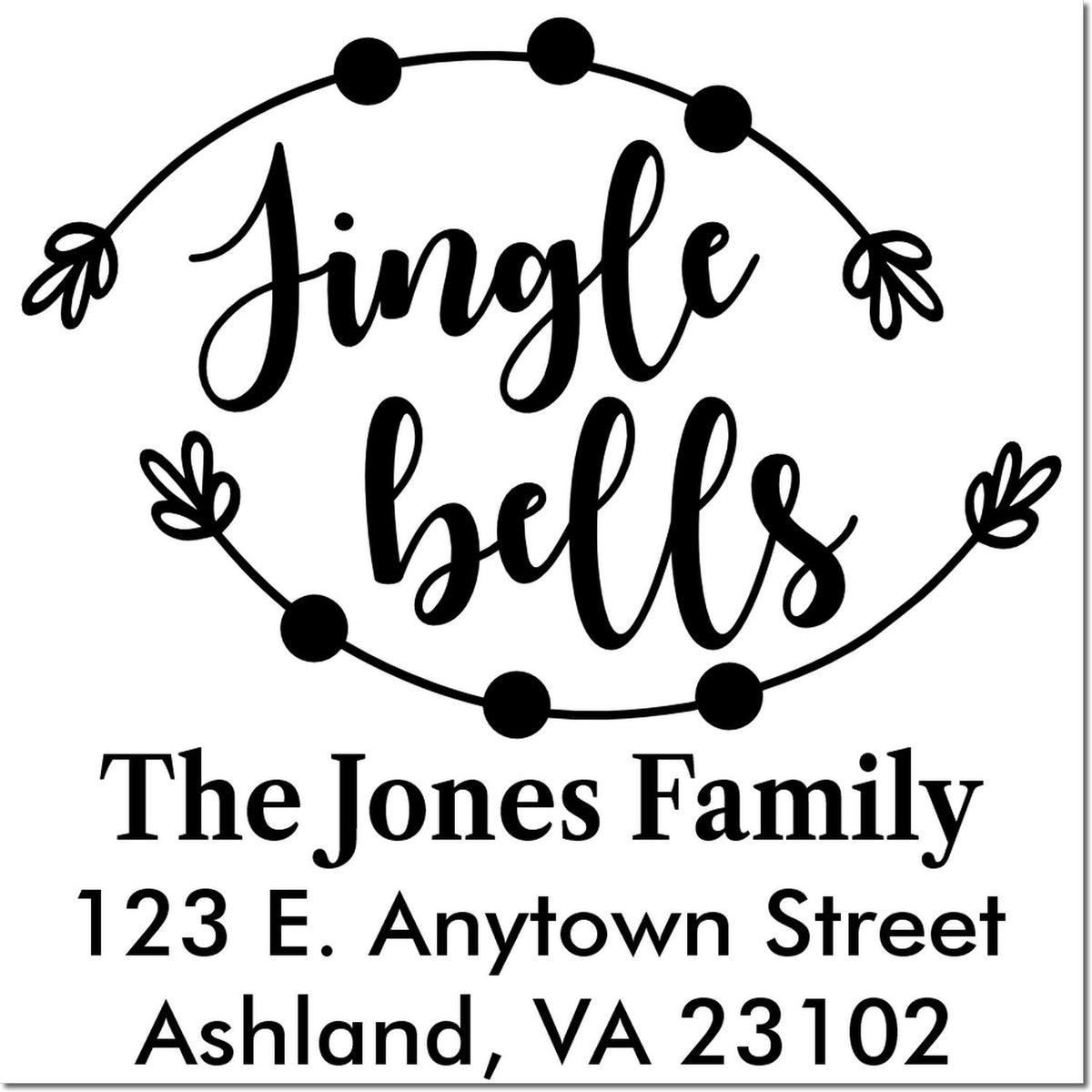 Custom Jingle Bells family address rubber stamp design for personalized holiday cards and Christmas mailings.