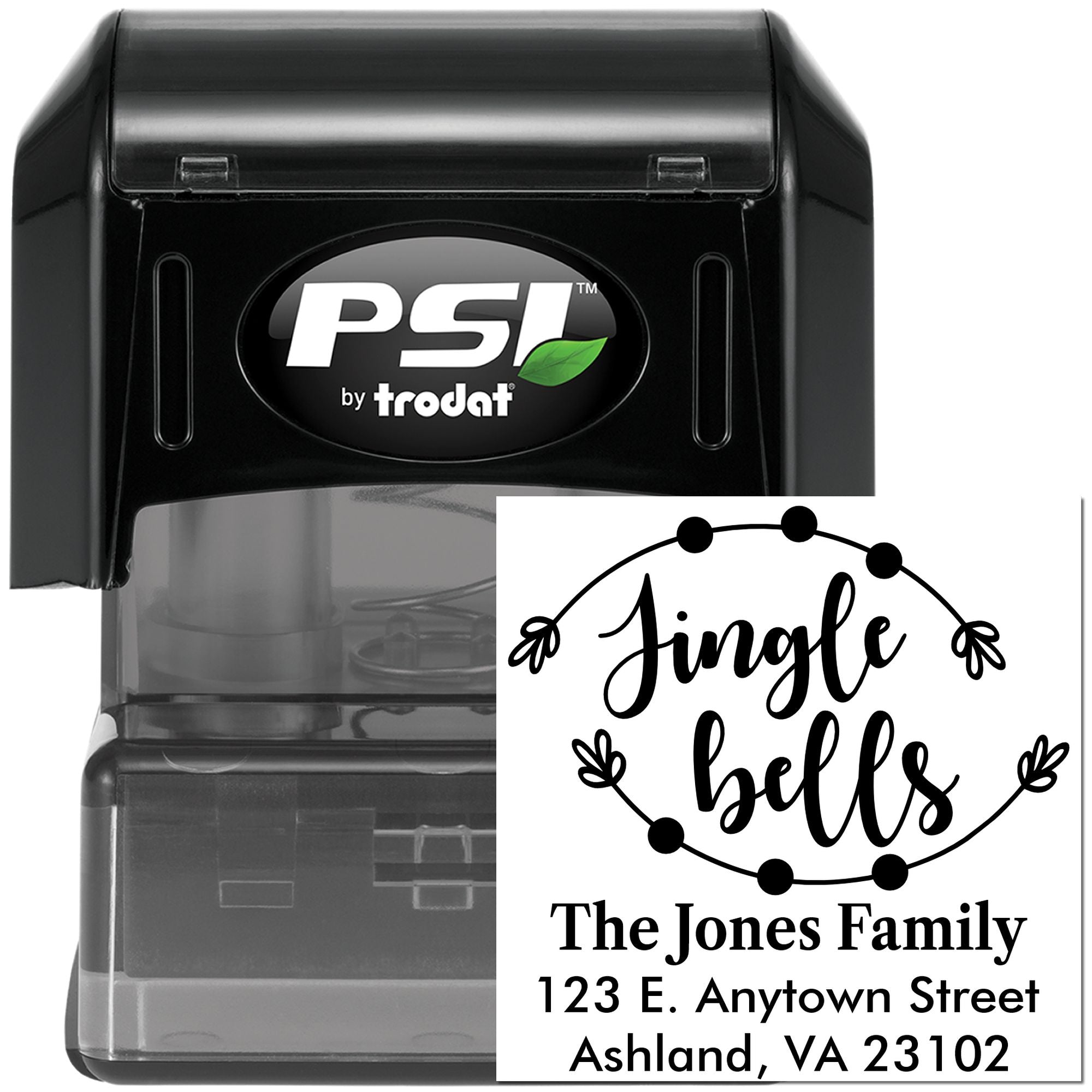 Custom self-inking Christmas return address rubber stamp by PSI Trodat with Jingle Bells family name and address.