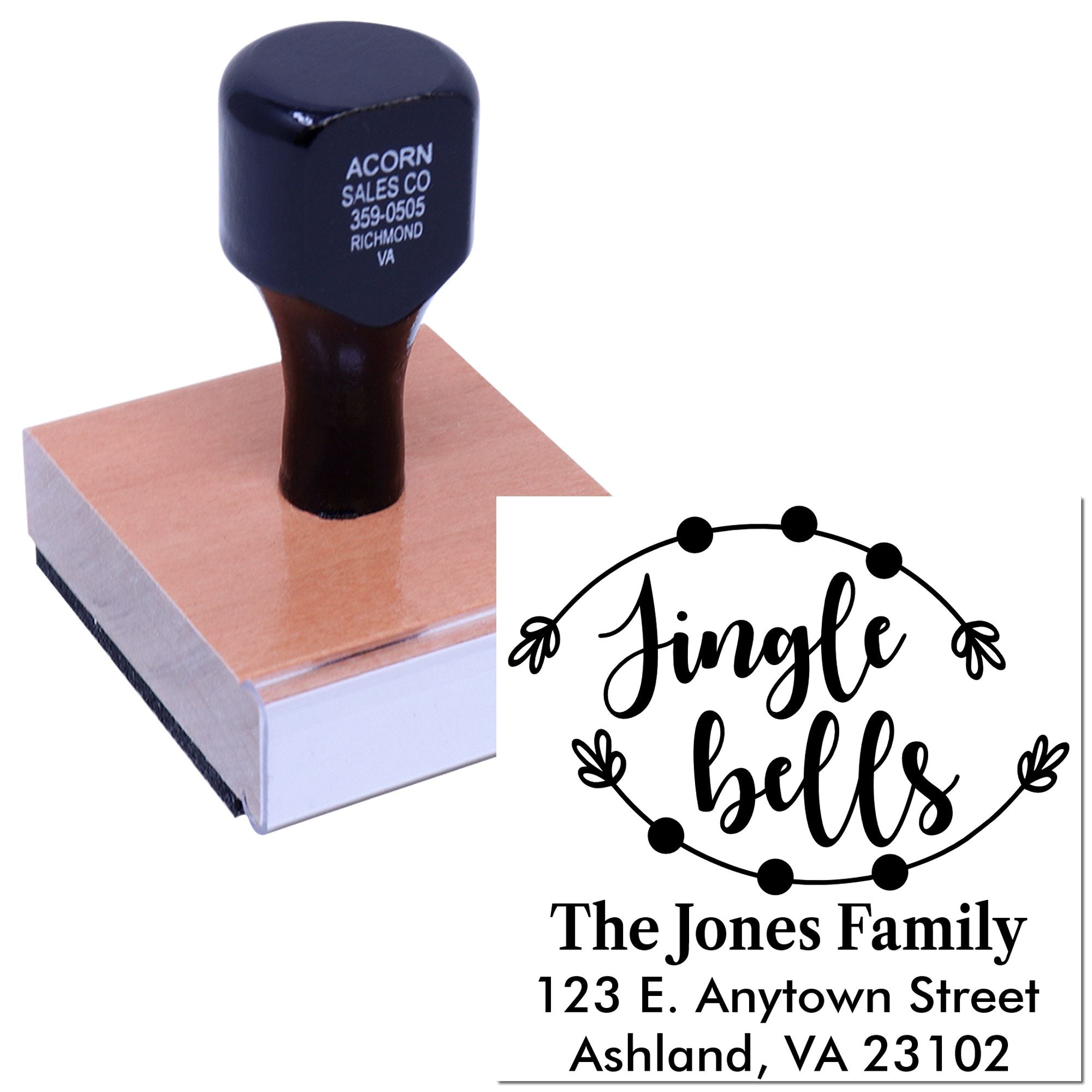 Personalized rubber stamp with Jingle Bells design and The Jones Family address for holiday cards, gifts, and mailing.