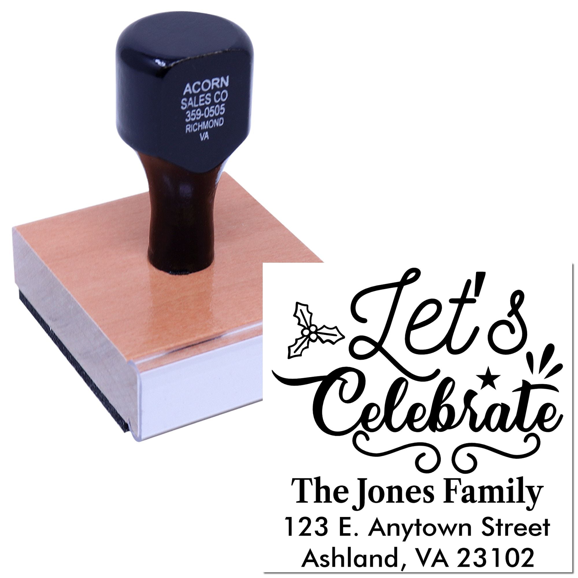 Custom holiday rubber stamp with Lets Celebrate design and personalized family address for festive cards and mailings.