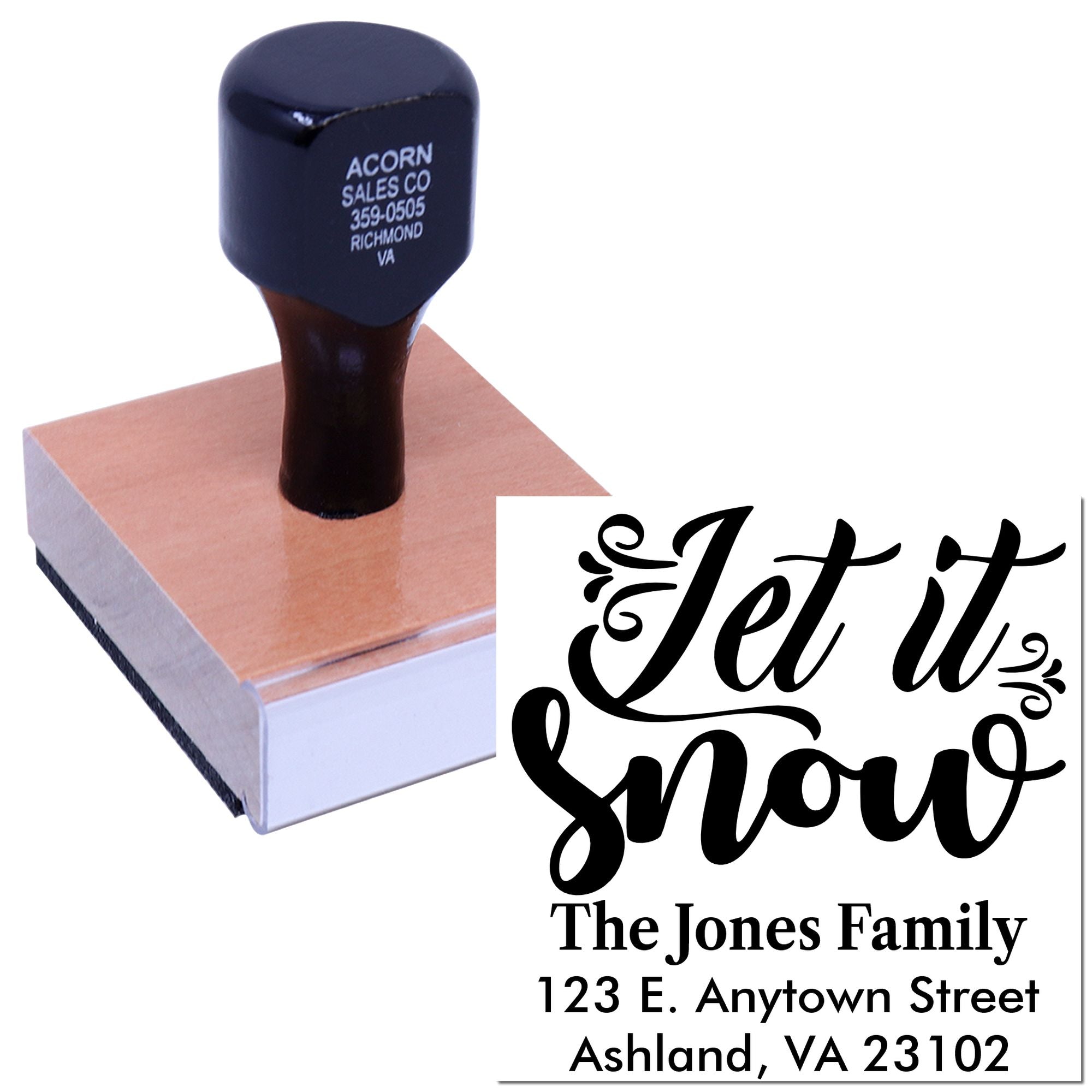 Personalized Let It Snow return address rubber stamp for holiday mail, featuring family name and home address.