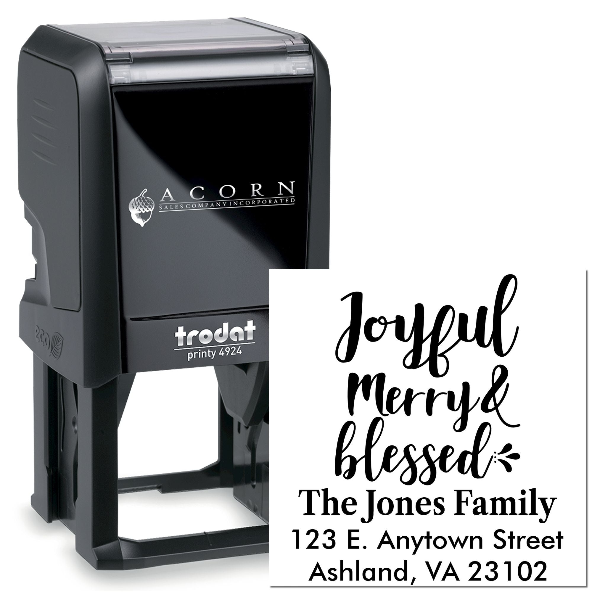 Custom self-inking rubber stamp with holiday return address design reading Joyful, Merry & Blessed for envelopes