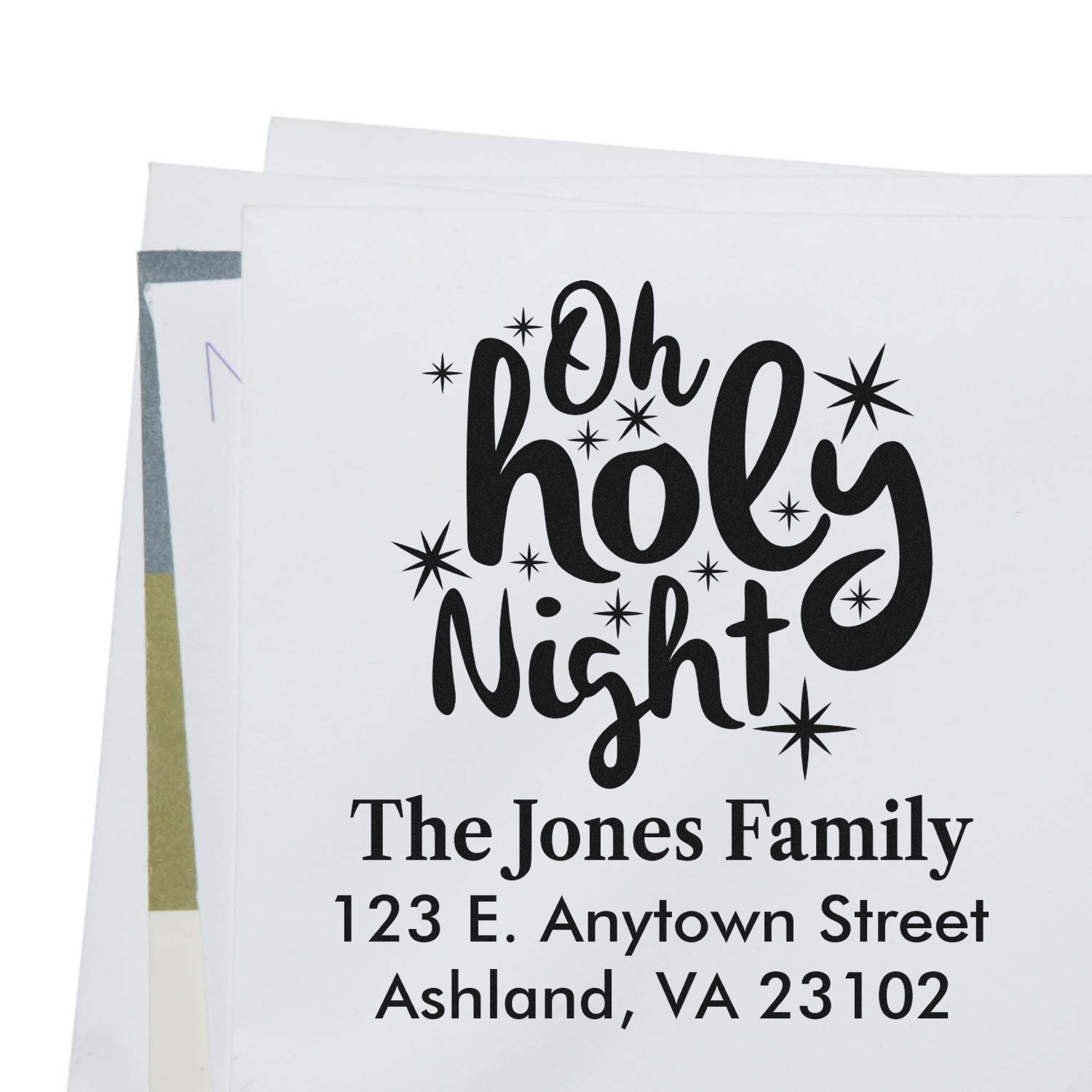 Personalized Oh Holy Night return address rubber stamp for Christmas cards, featuring The Jones Family and address.
