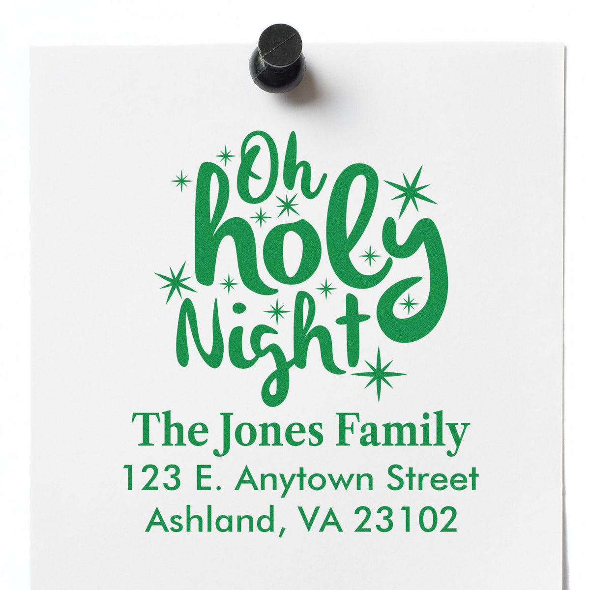 Custom Christmas return address rubber stamp with Oh Holy Night design for The Jones Family, Ashland, VA.