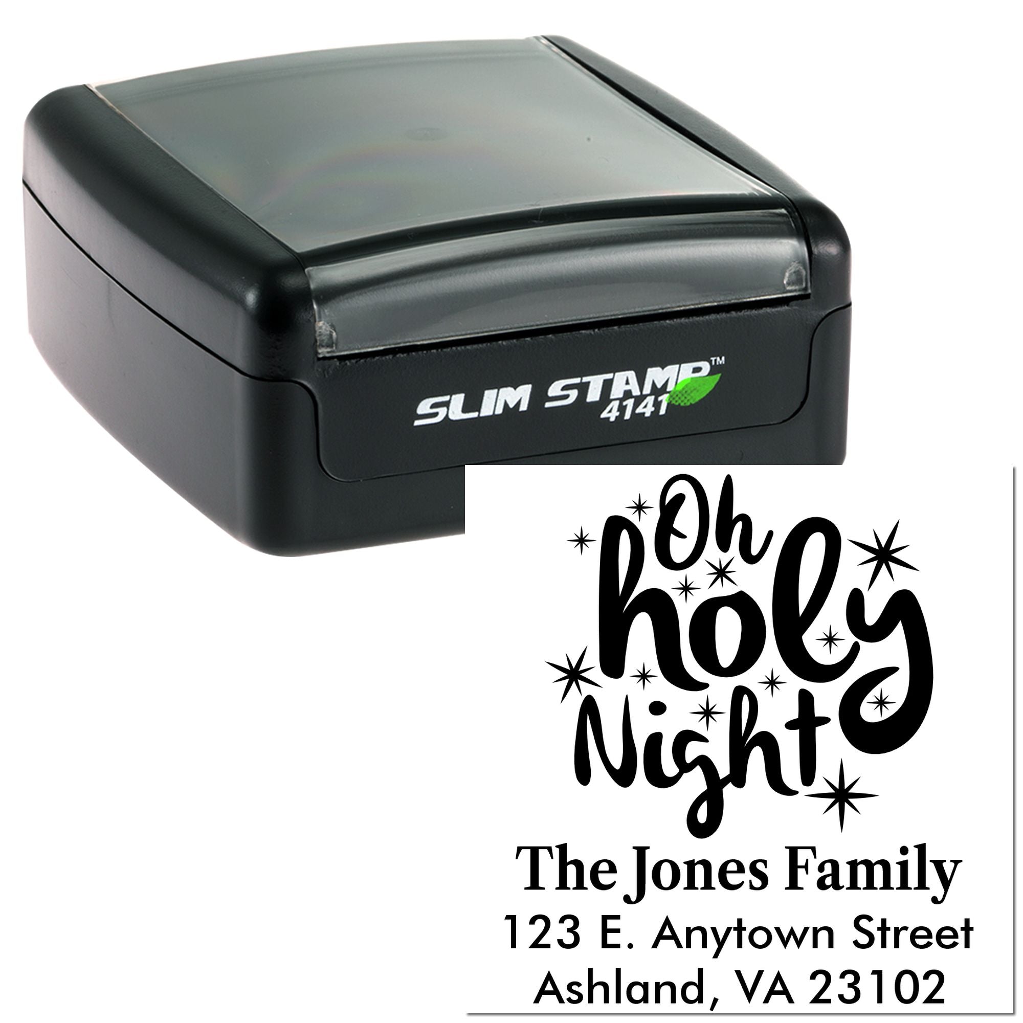 Custom self-inking rubber stamp with Oh Holy Night design and family return address for holiday card and envelope personalization.