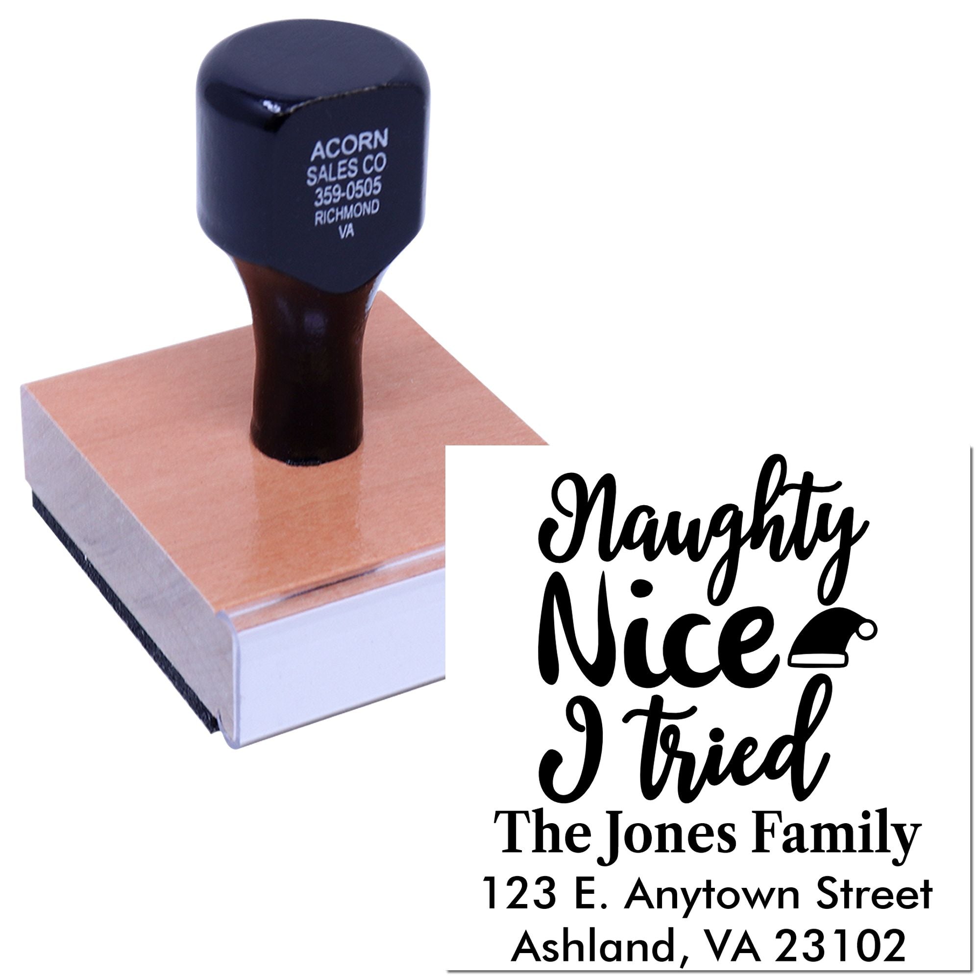 Custom holiday address rubber stamp with Naughty, Nice, I Tried family return address design for cards and mail