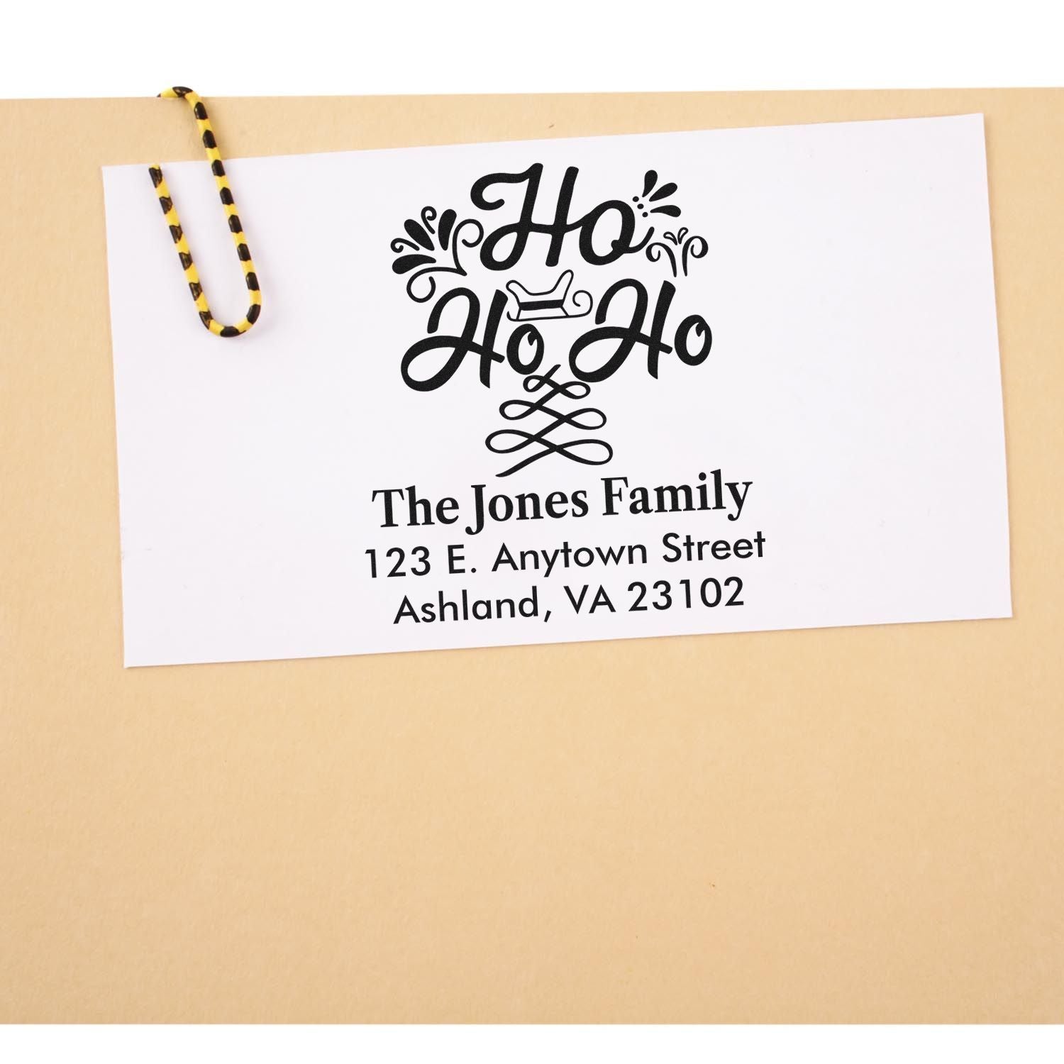 Personalized Ho Ho Ho return address rubber stamp for The Jones Family, Ashland VA, for holiday mail.