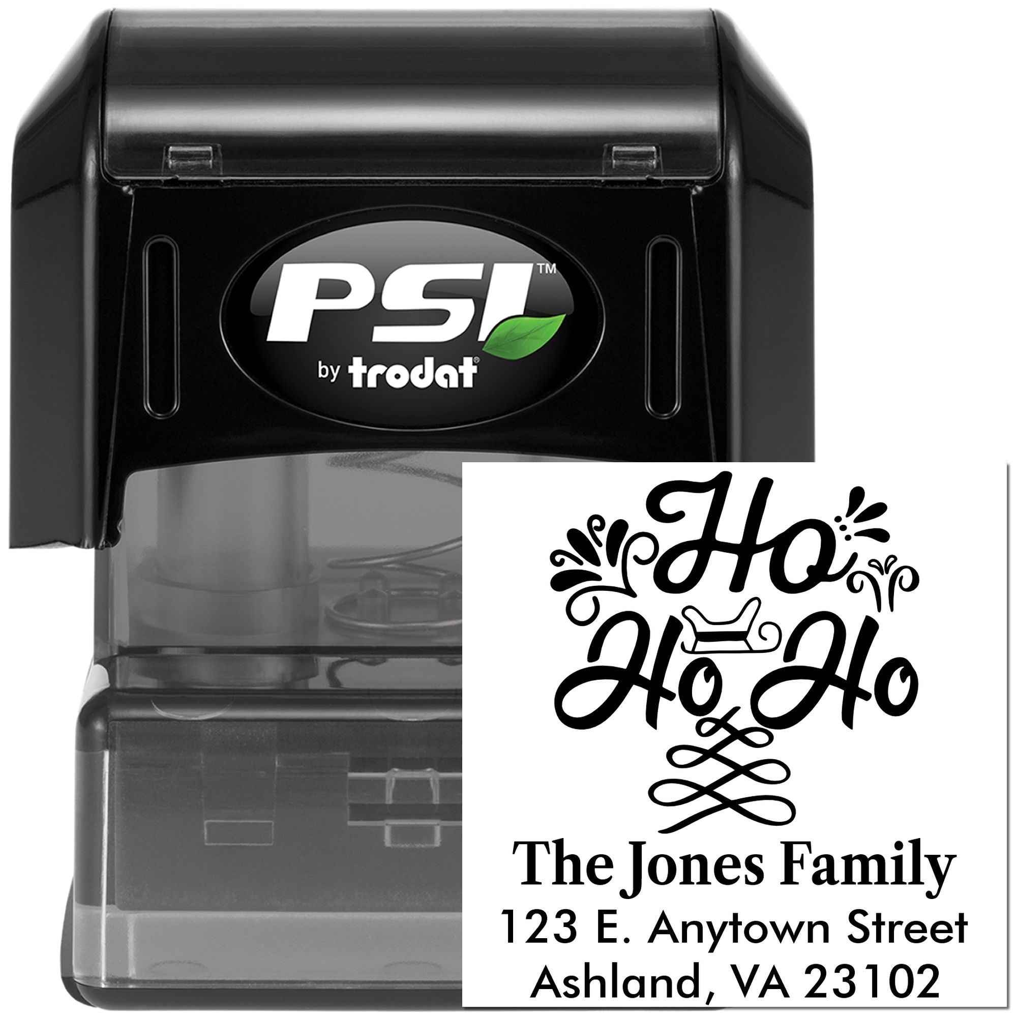 Custom self-inking holiday address rubber stamp by PSI Trodat with Ho Ho Ho design for festive family mail