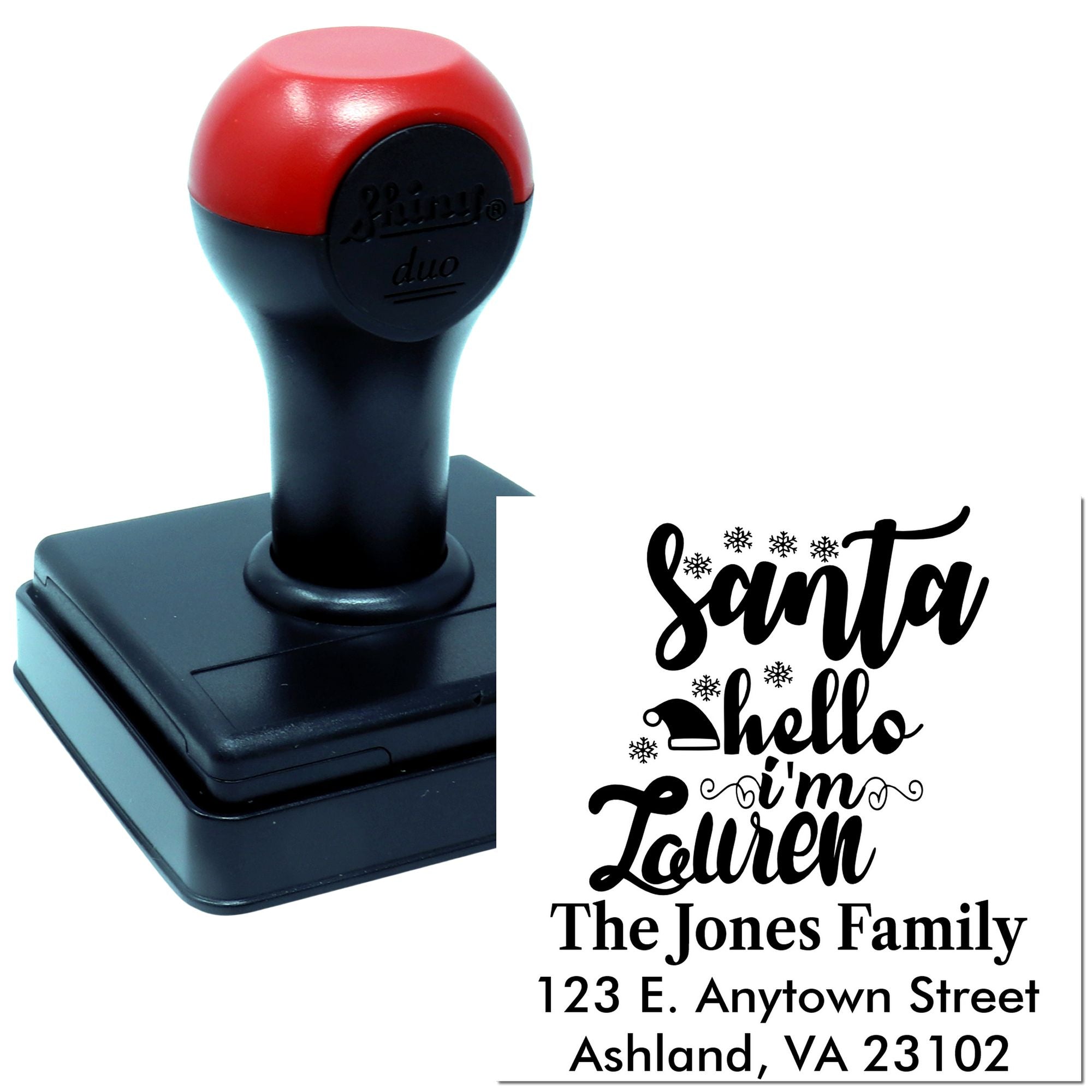Personalized Christmas return address rubber stamp with self-inking stamp and Santa hello design for holiday cards and mail