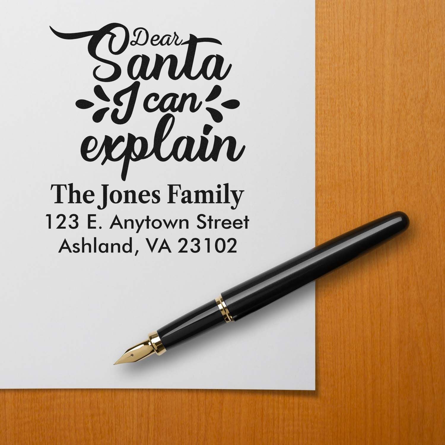 Custom holiday return address rubber stamp with Dear Santa I can explain message for The Jones Family.