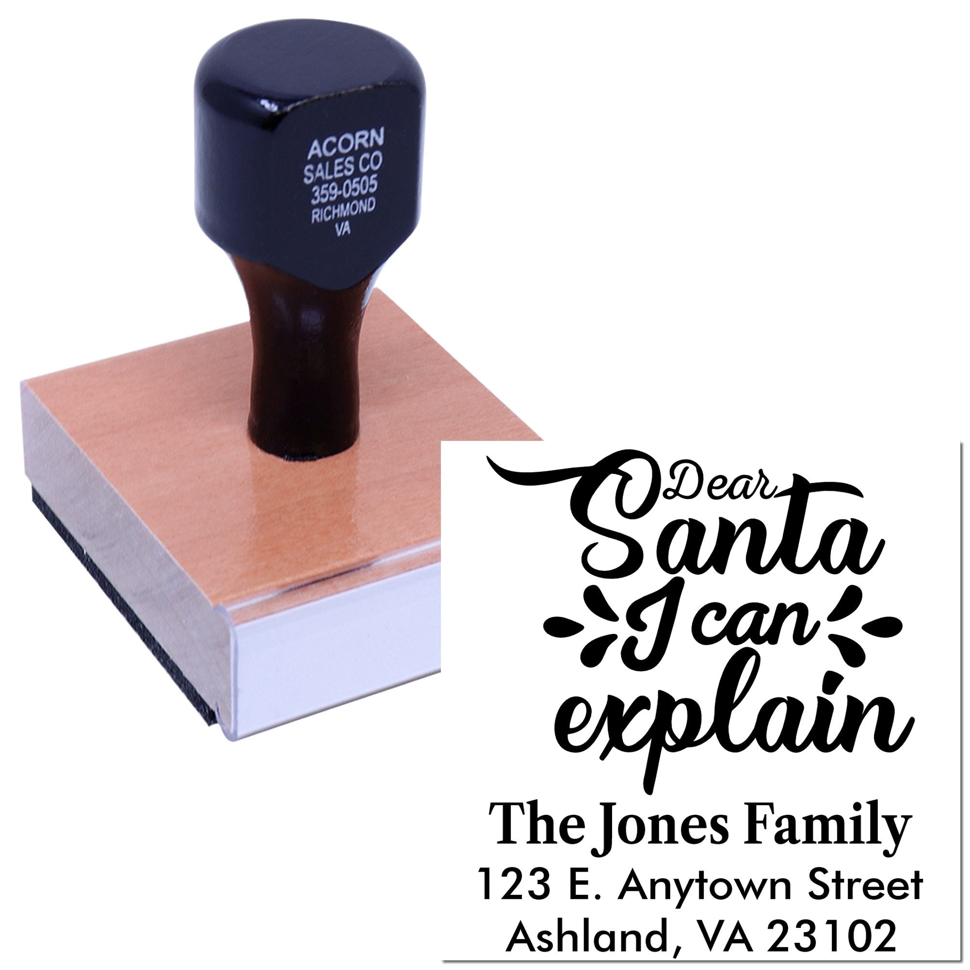 Personalized holiday rubber stamp with Dear Santa I Can Explain design, family name, and address.