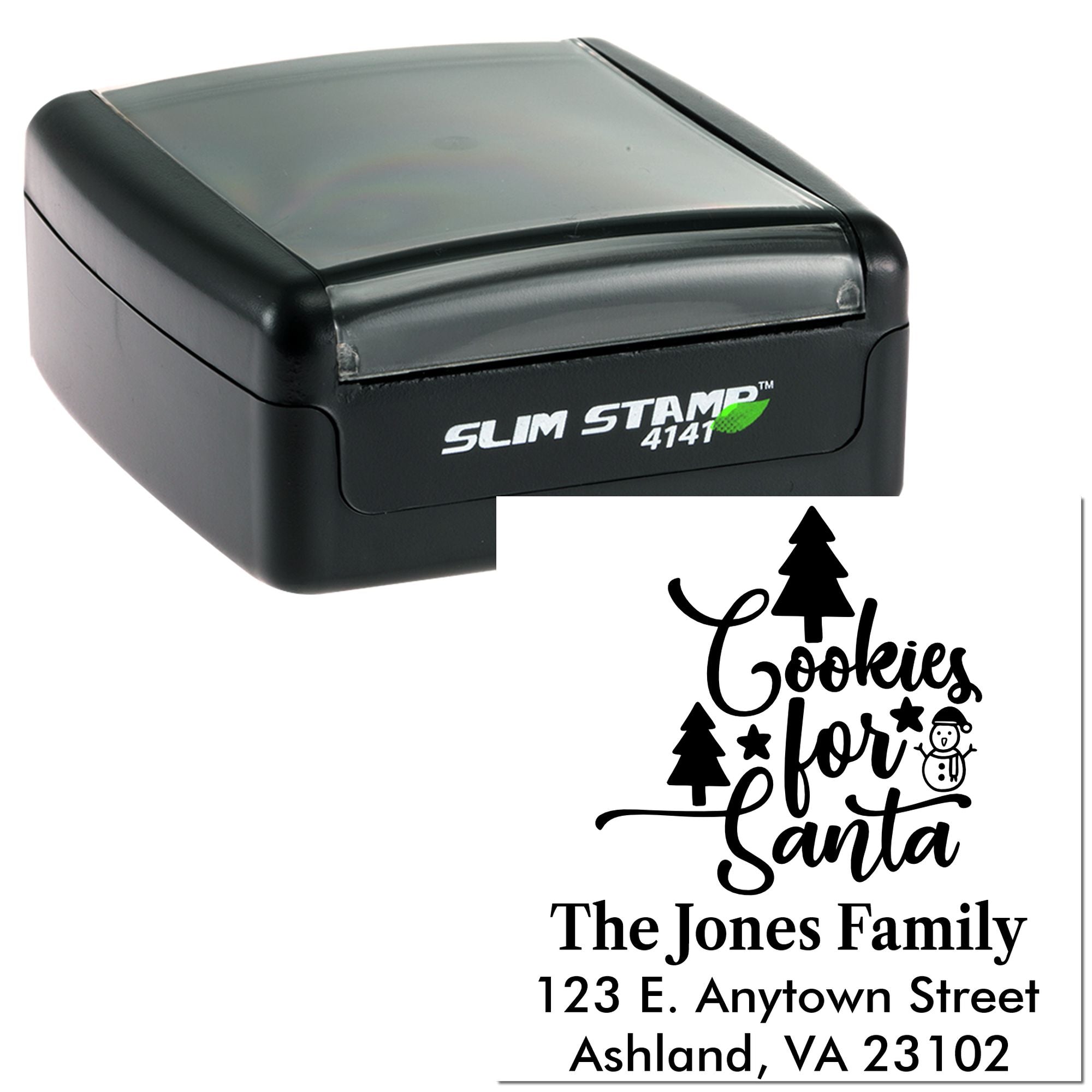 Holiday custom self-inking rubber stamp with Cookies for Santa return address design for festive family mailings.