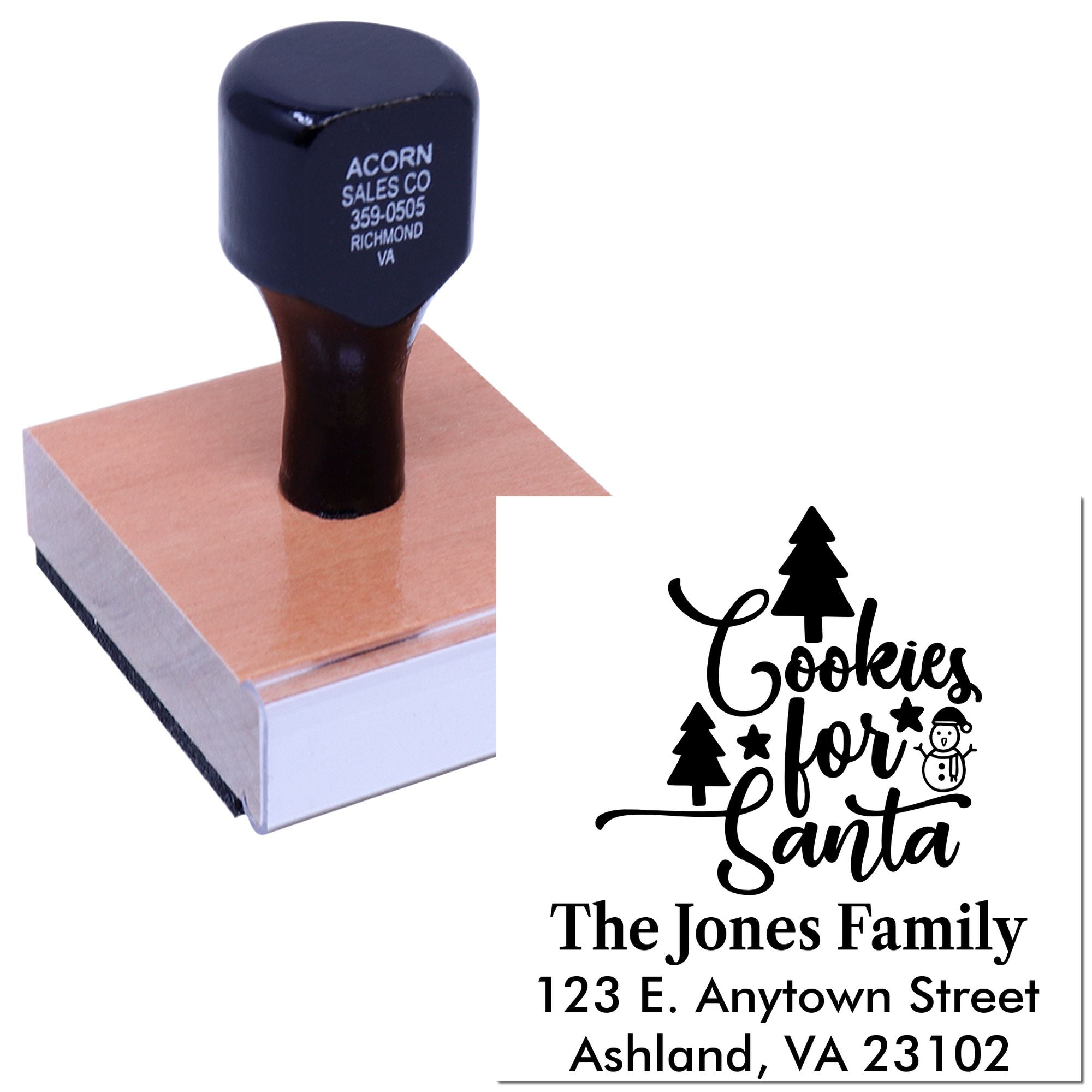 Custom holiday rubber stamp with Cookies for Santa design and return address for The Jones Family.
