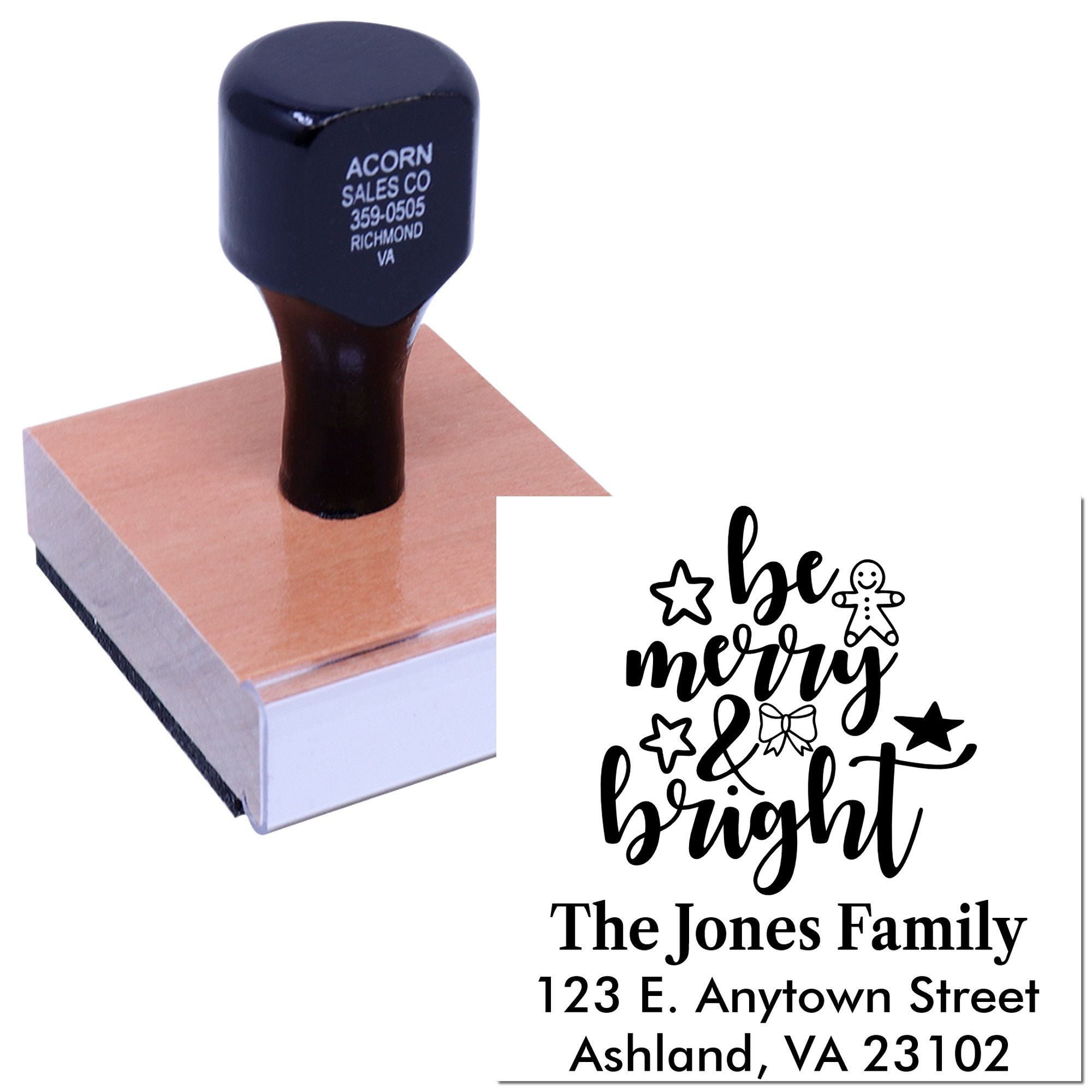 Custom holiday return address rubber stamp with Be Merry & Bright design for personalized Christmas cards and envelopes.