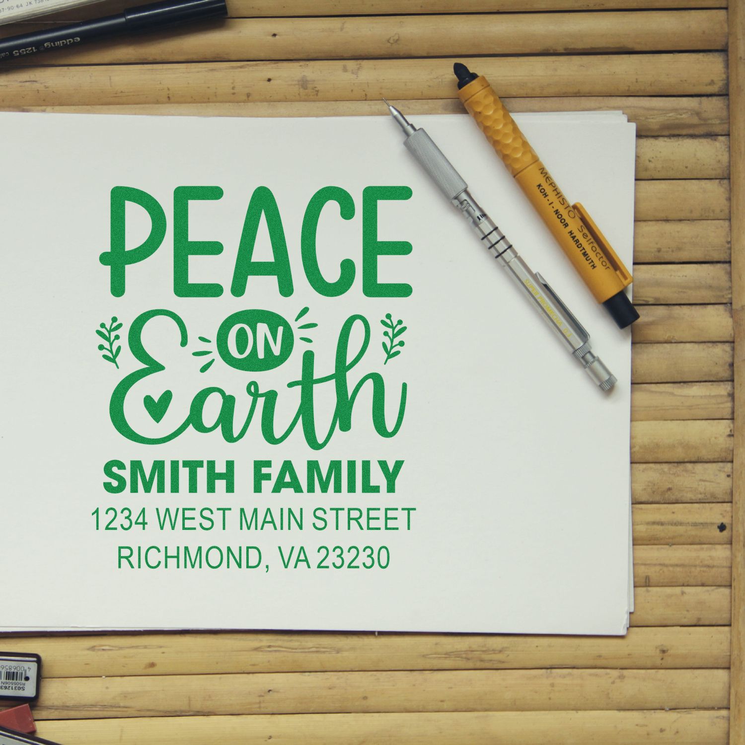 Custom rubber stamp design for a Peace on Earth holiday return address stamp for the Smith Family.