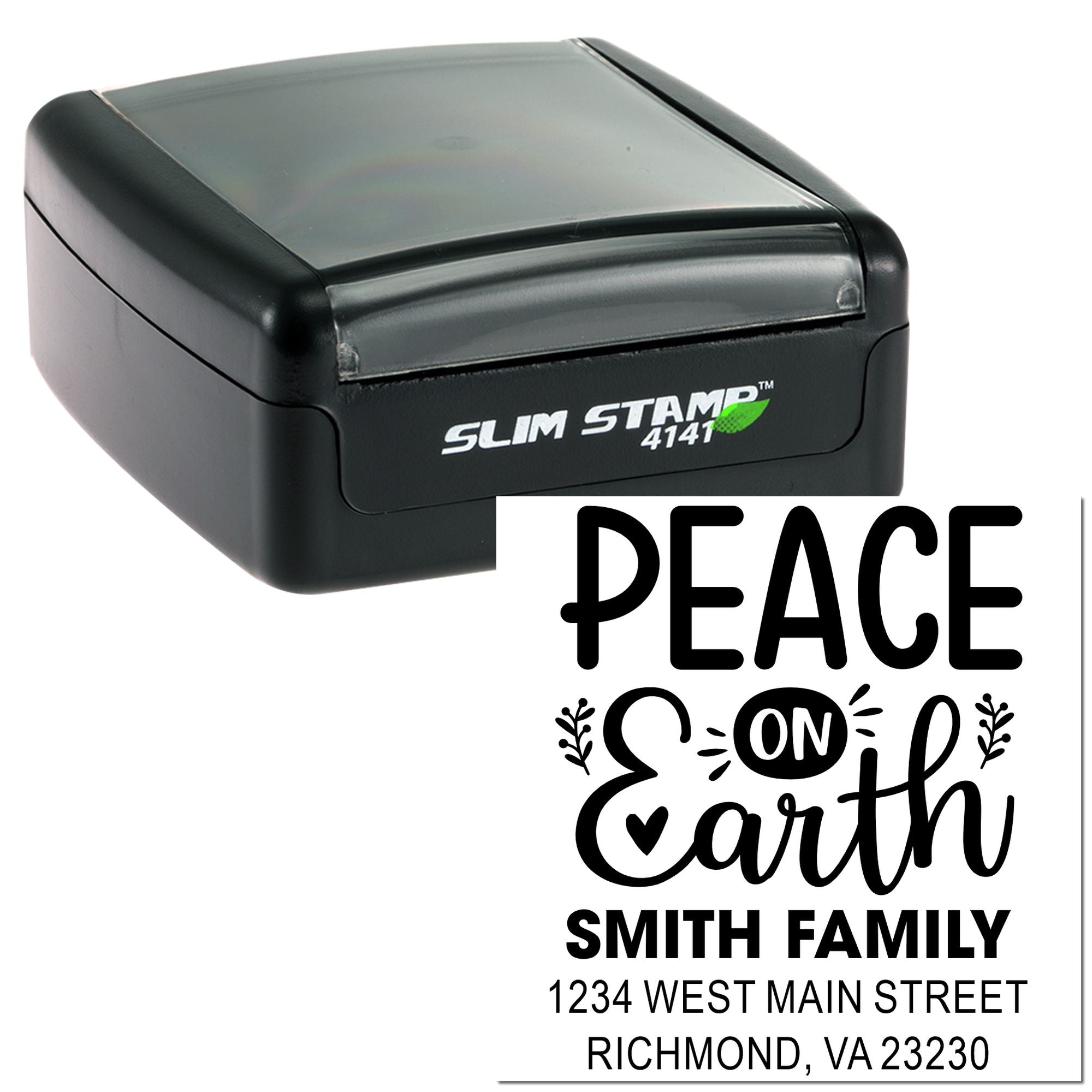 Custom self-inking rubber stamp with Peace on Earth return address design for holiday cards and envelopes.