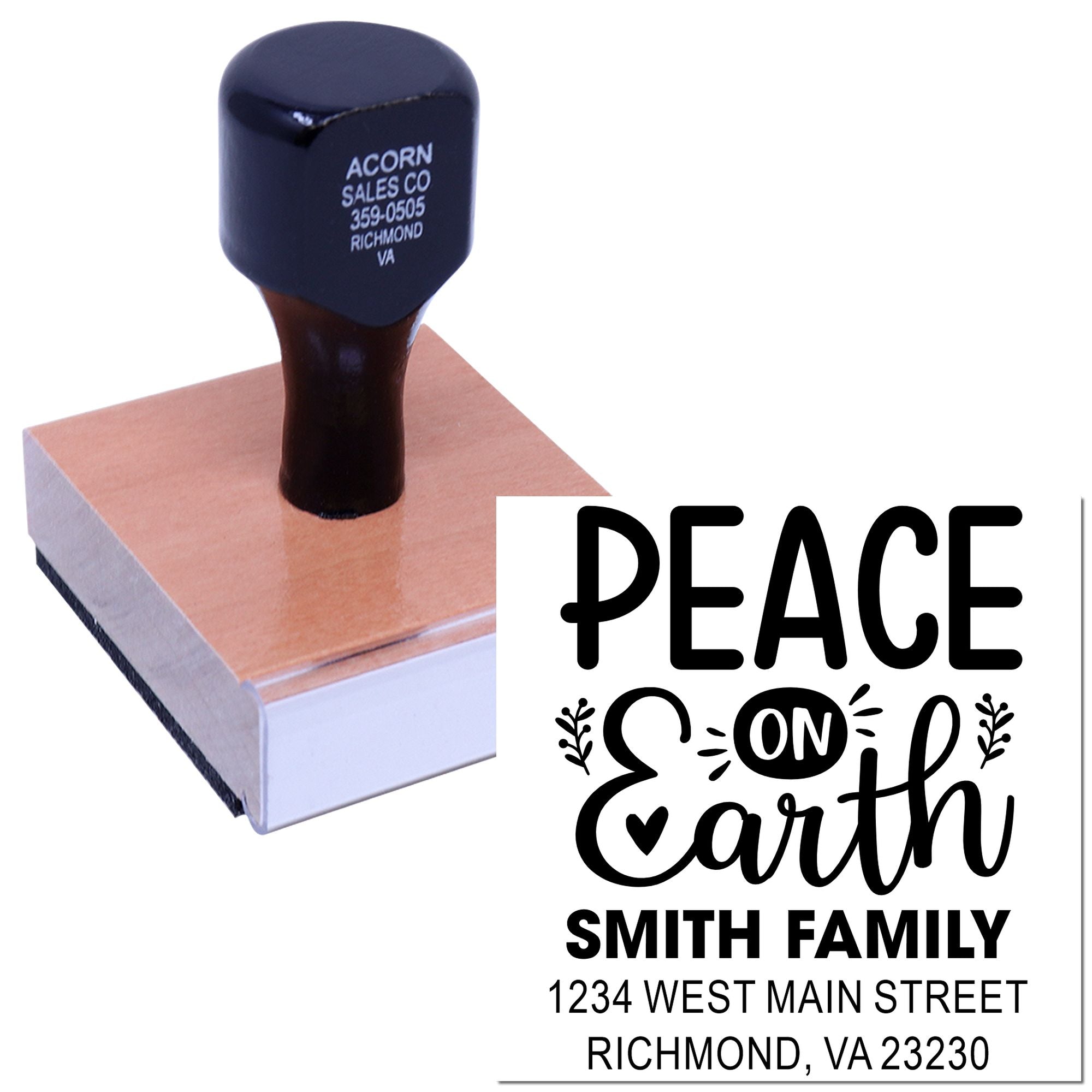 Custom rubber stamp with Peace on Earth design, Smith family name, and return address for holiday cards and mailings.
