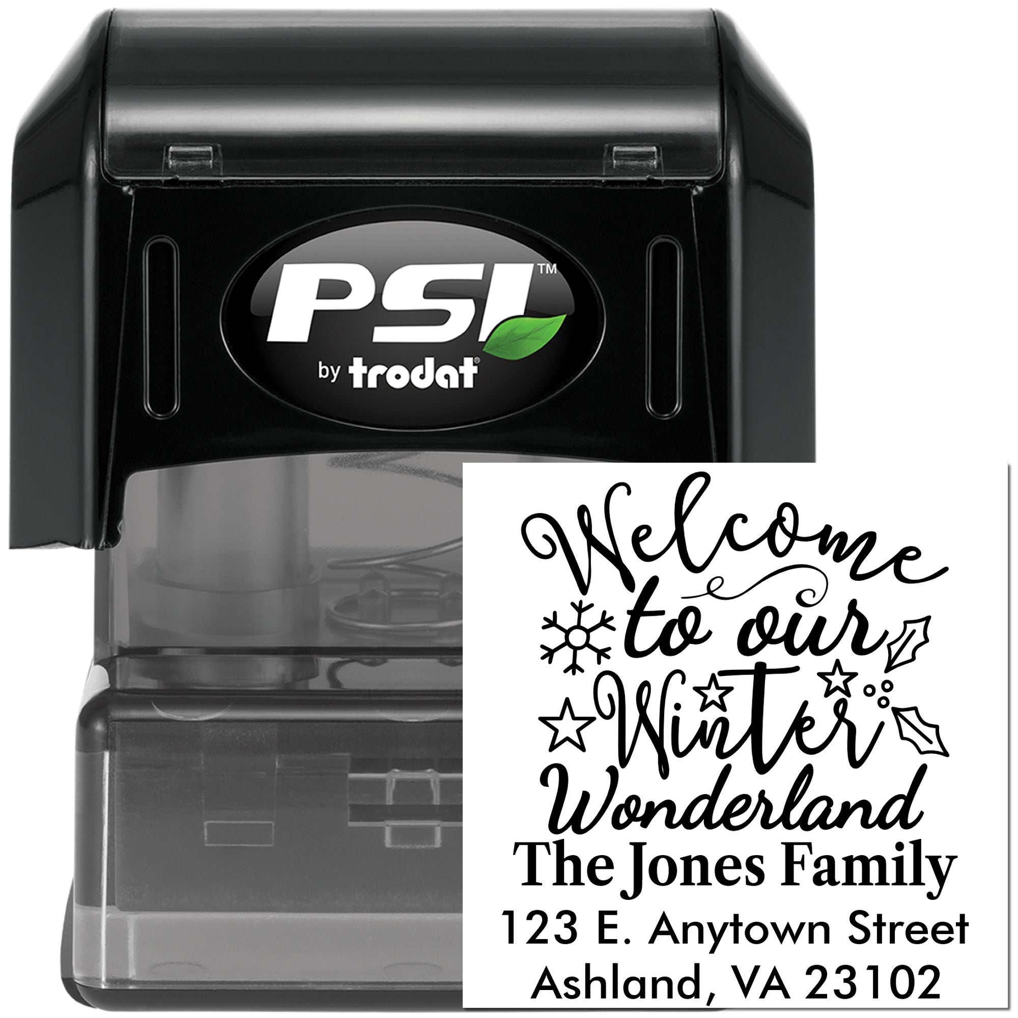 PSI by Trodat personalized self-inking rubber stamp with Winter Wonderland return address for holiday cards and seasonal mail.